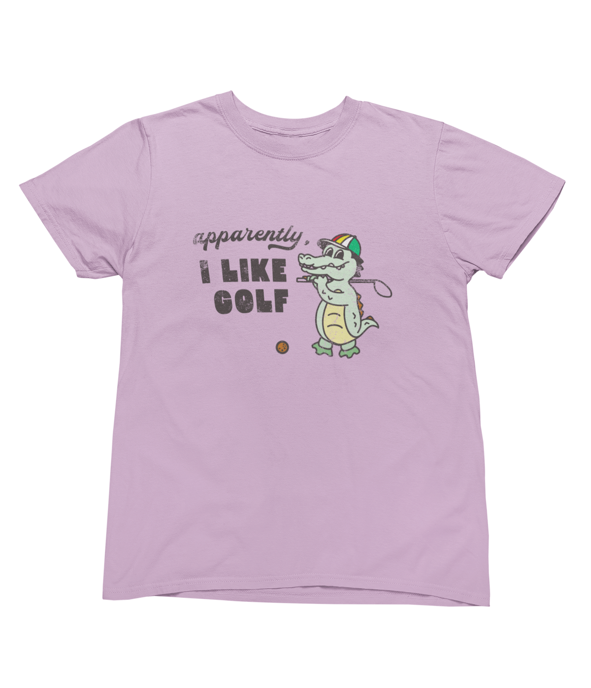 A pink short-sleeve toddler t-shirt with a cartoon alligator holding a golf club, next to the text &