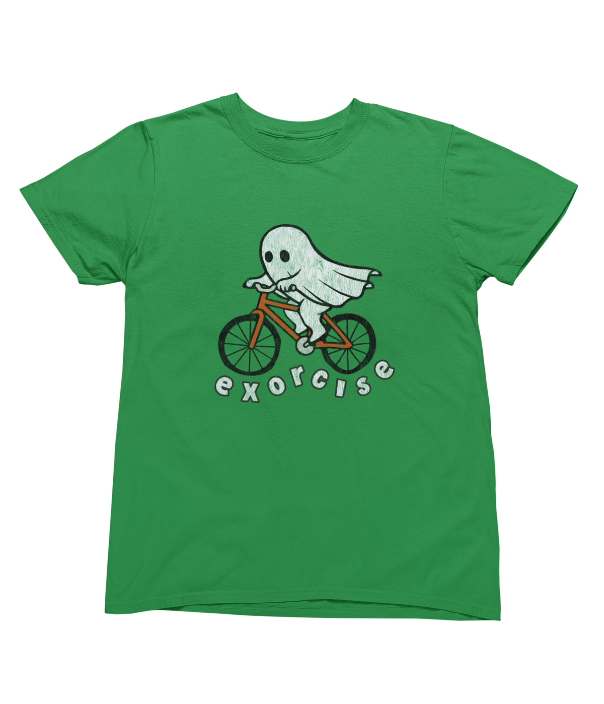 A green short sleeve toddler t-shirt with a graphic of a white ghost riding an orange bike for Halloween with the phrase Exorcise.