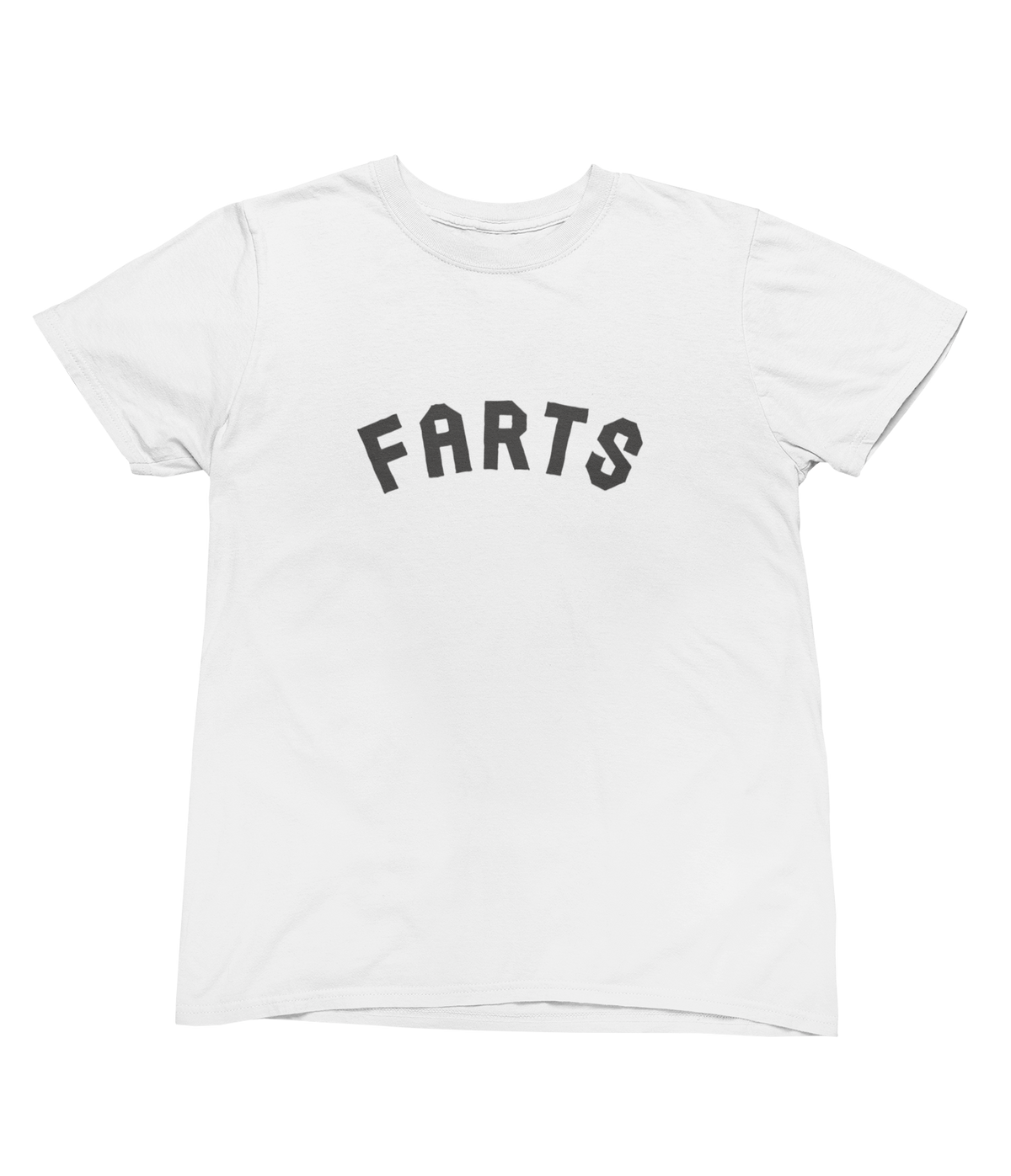A white short-sleeve crewneck t-shirt with a graphic on the chest that reads &