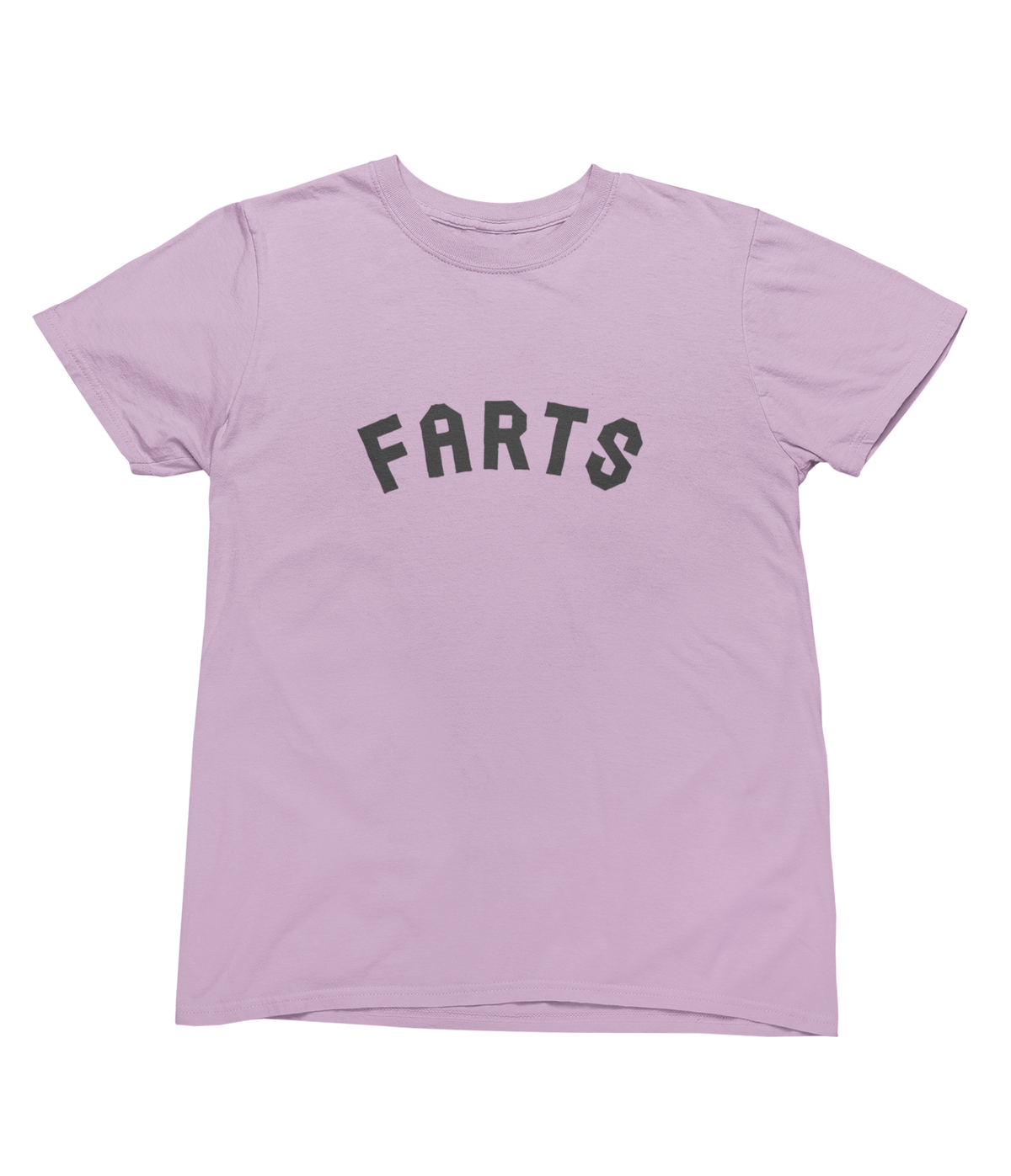 A pink short-sleeve crewneck t-shirt with a graphic on the chest that reads &