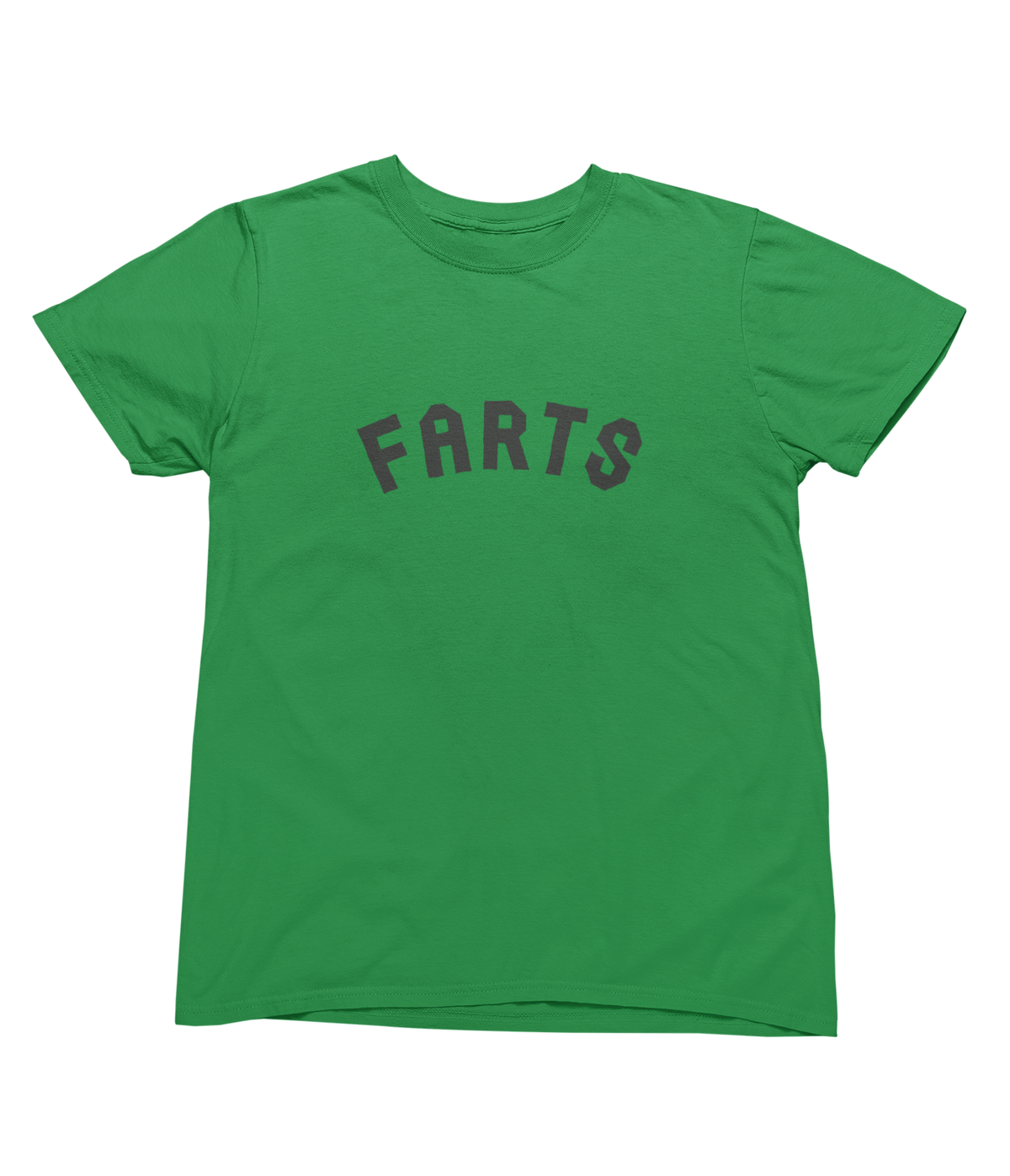 A green short-sleeve crewneck t-shirt with a graphic on the chest that reads &
