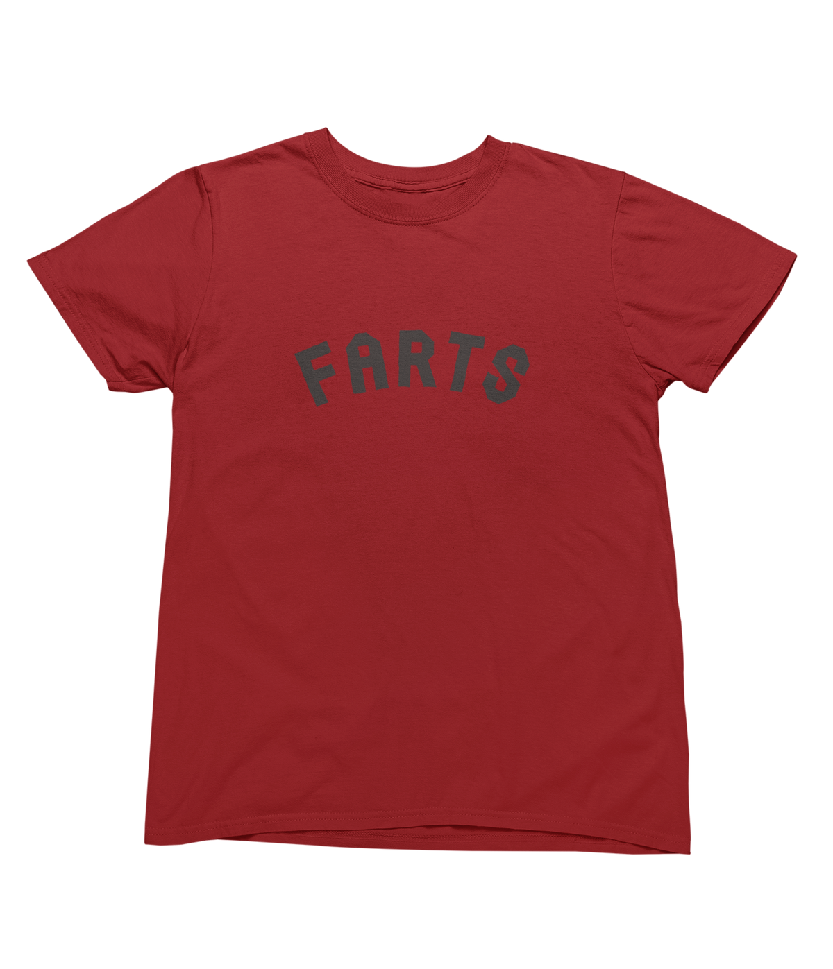 A red short-sleeve crewneck t-shirt with a graphic on the chest that reads &