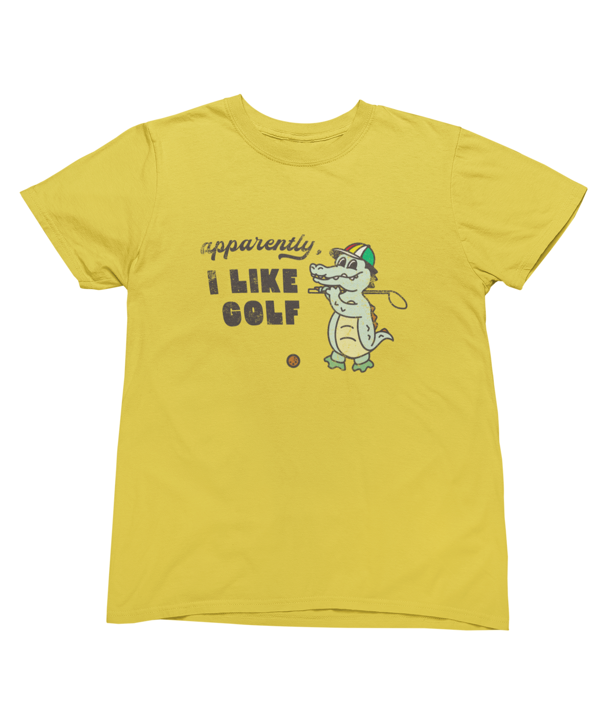 A yellow short-sleeve toddler t-shirt with a cartoon alligator holding a golf club, next to the text &