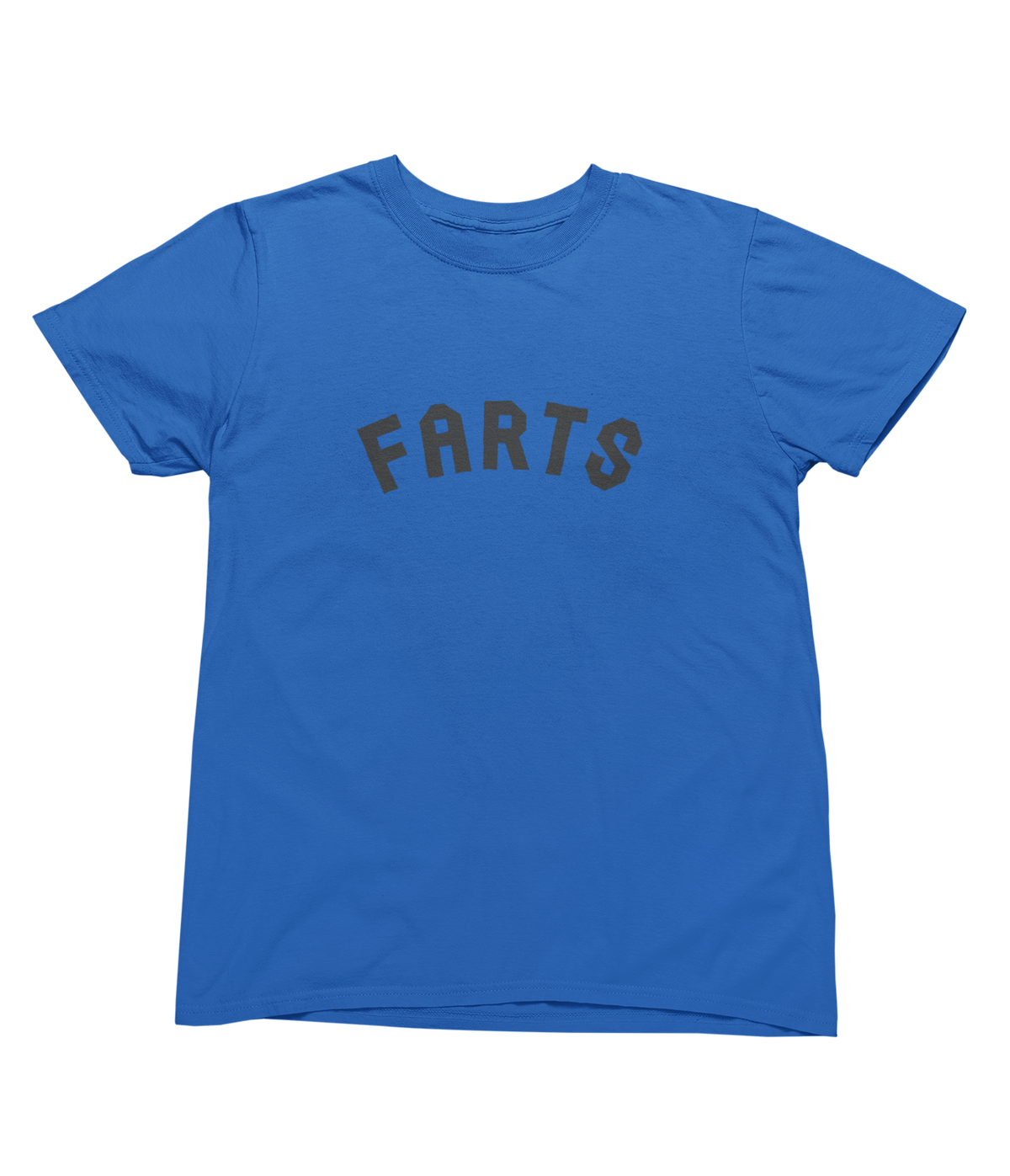 A royal blue short-sleeve crewneck t-shirt with a graphic on the chest that reads &