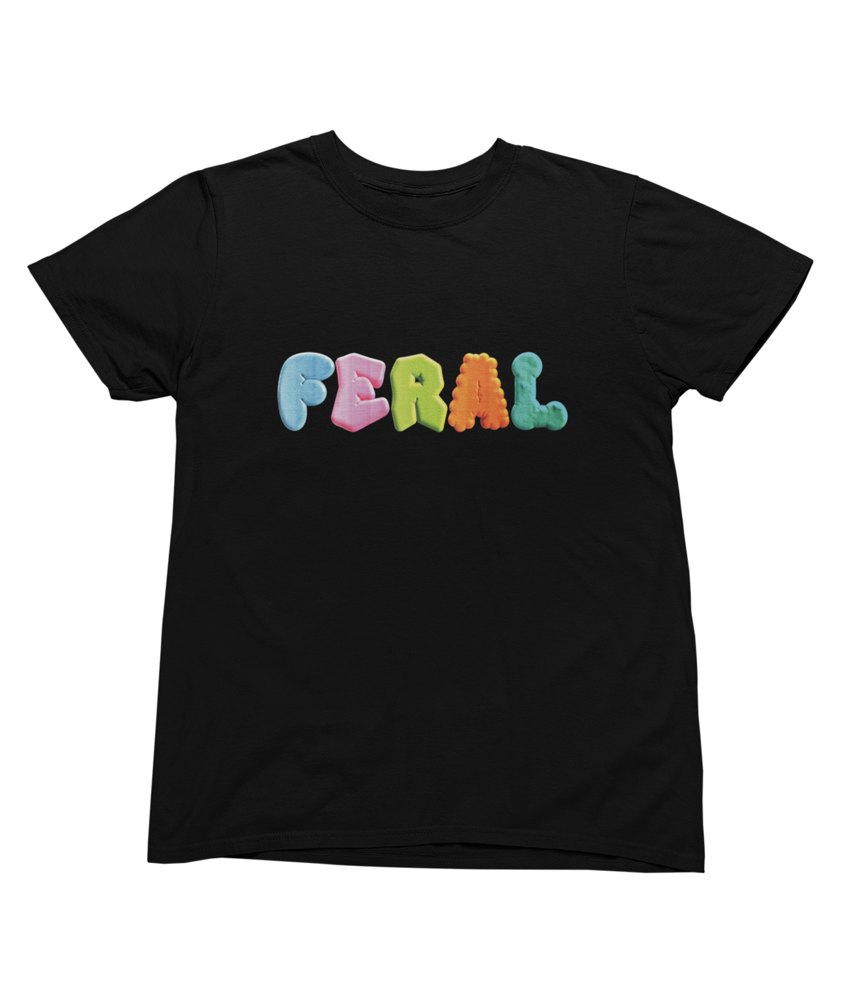 A black short-sleeve toddler crewneck t-shirt featuring the word &