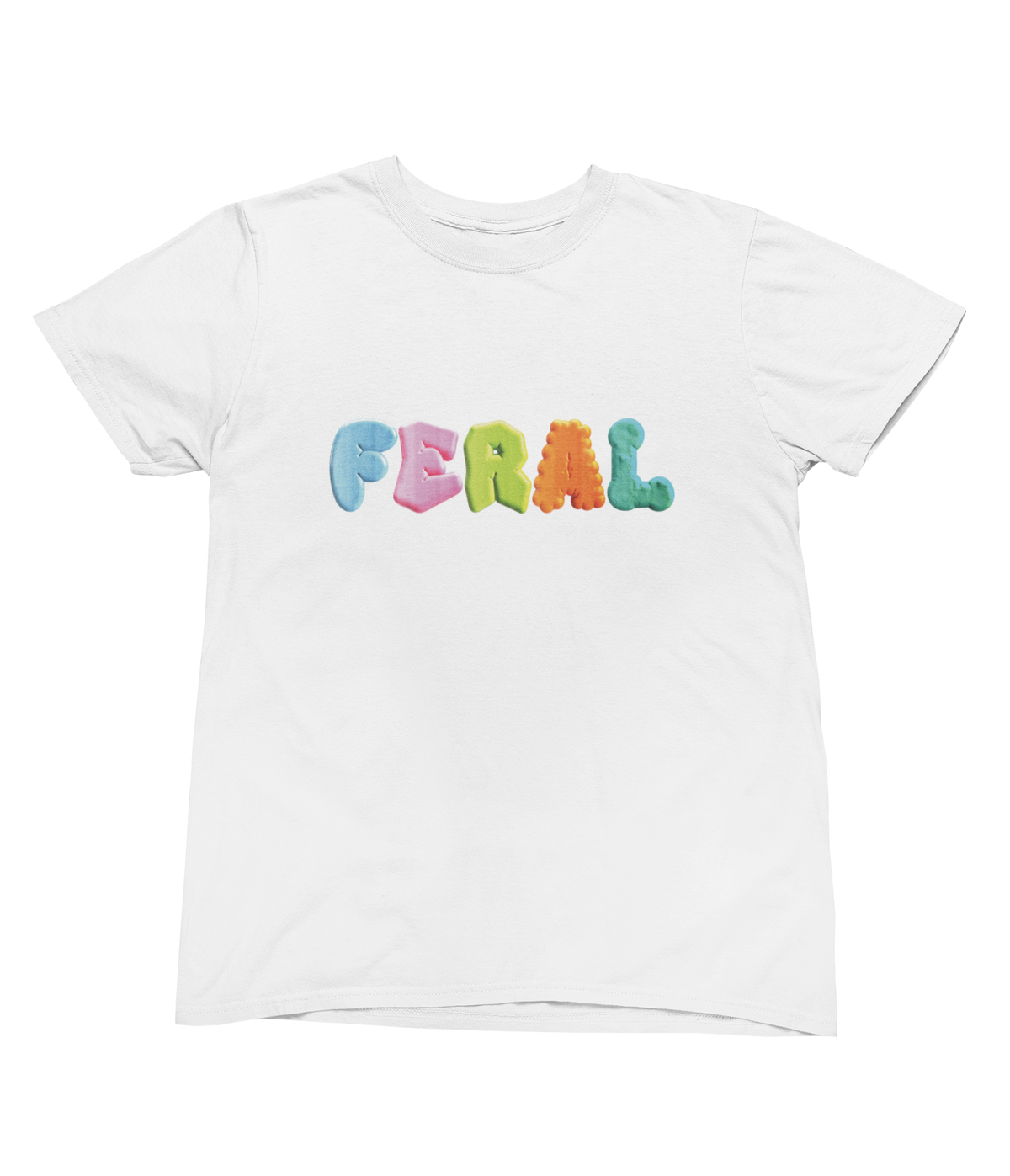 A white short-sleeve crewneck t-shirt featuring the word &