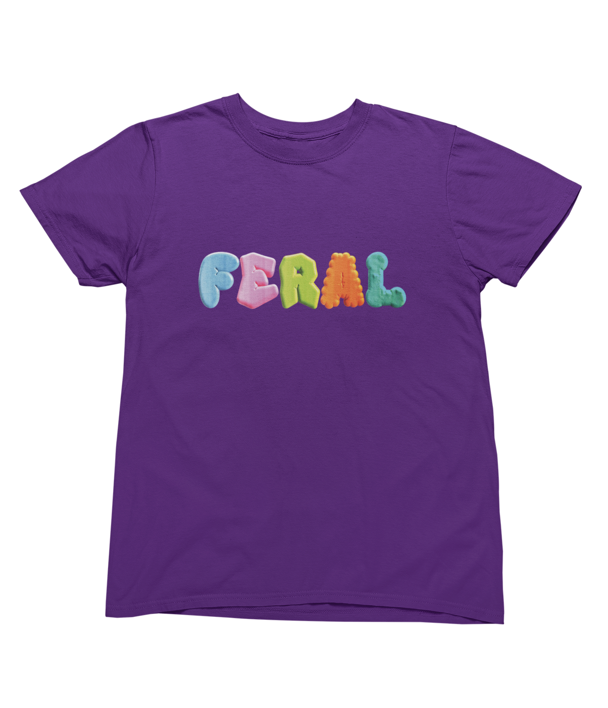 A purple short-sleeve crewneck t-shirt featuring the word &