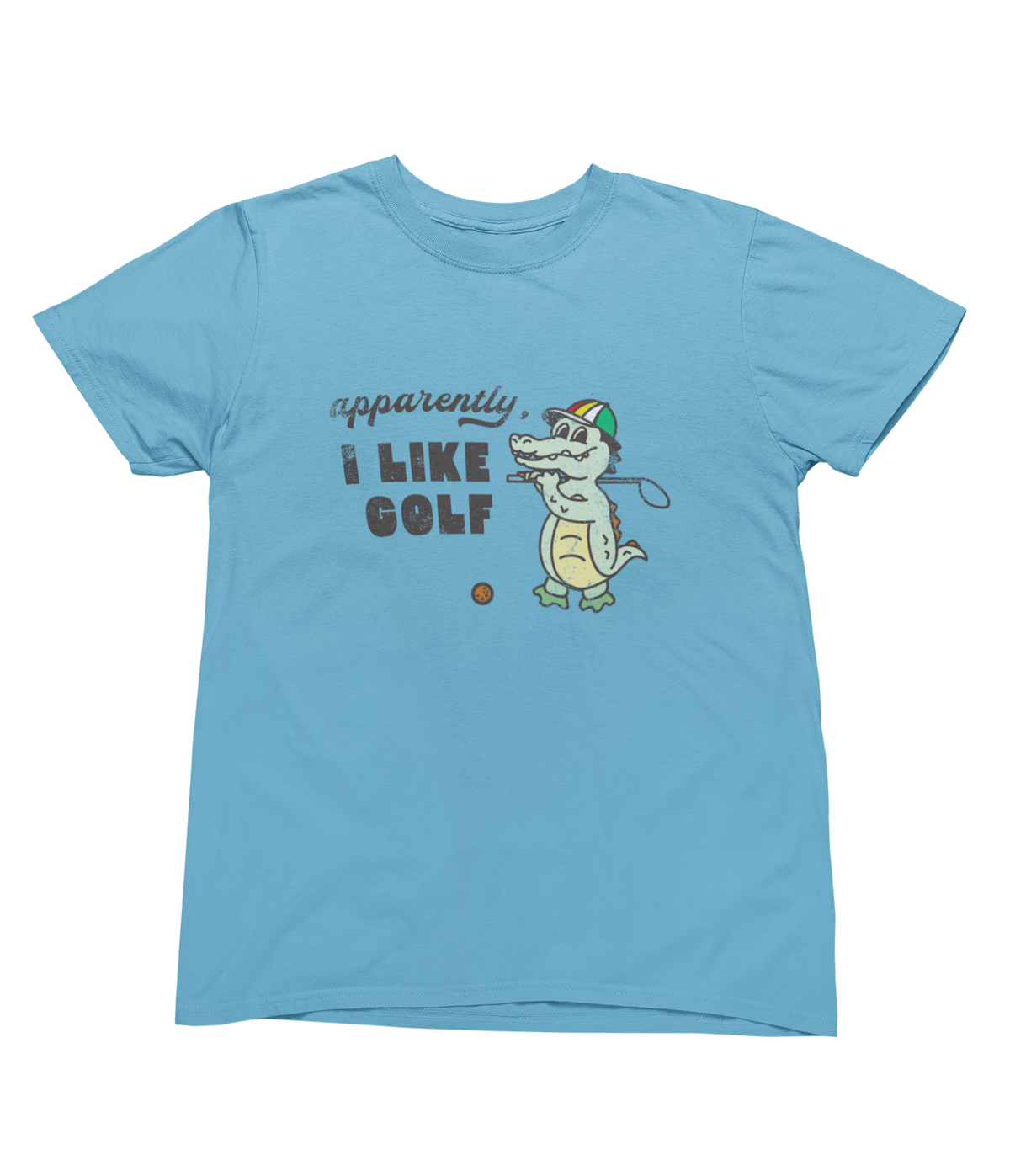 A blue short-sleeve toddler t-shirt with a cartoon alligator holding a golf club, next to the text &