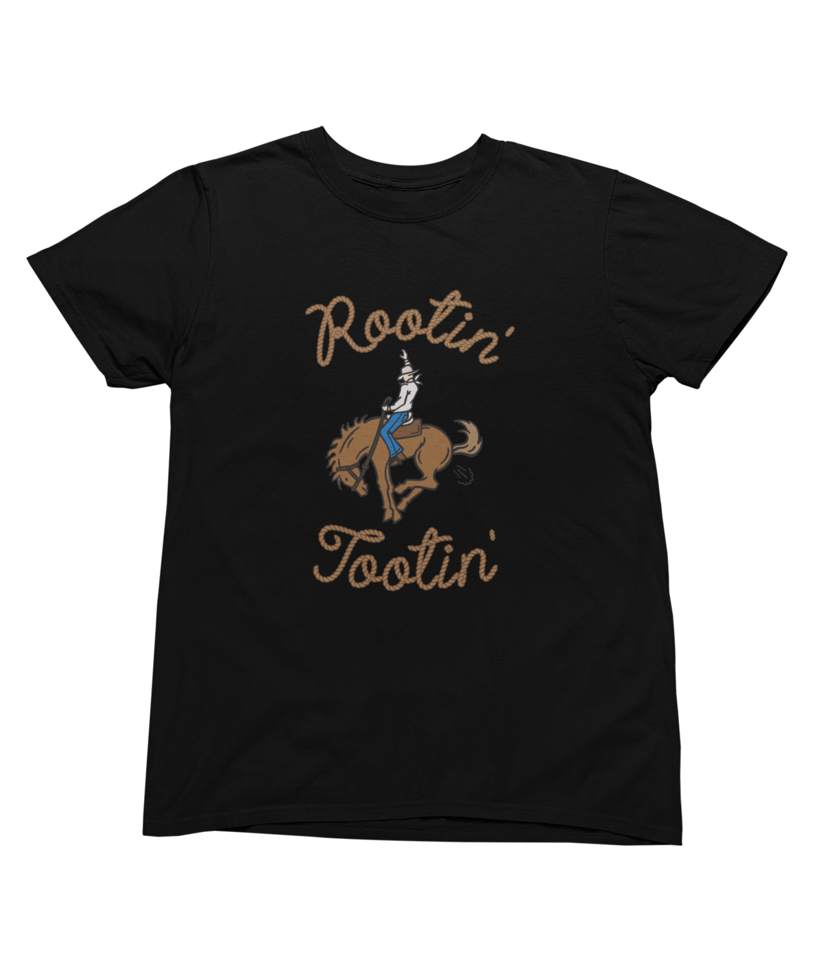 A black short-sleeve toddler crewneck t-shirt featuring a graphic of a cowboy riding a bucking horse, with the words Rootin&