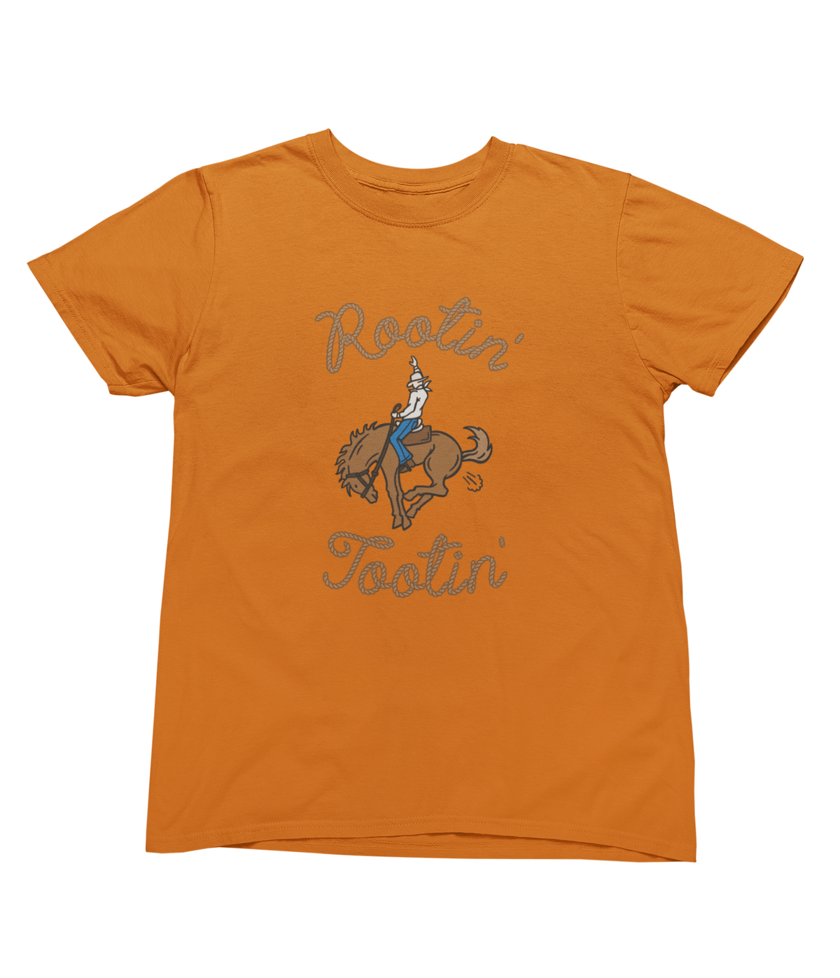 An orange short-sleeve toddler crewneck t-shirt featuring a graphic of a cowboy riding a bucking horse, with the words Rootin&
