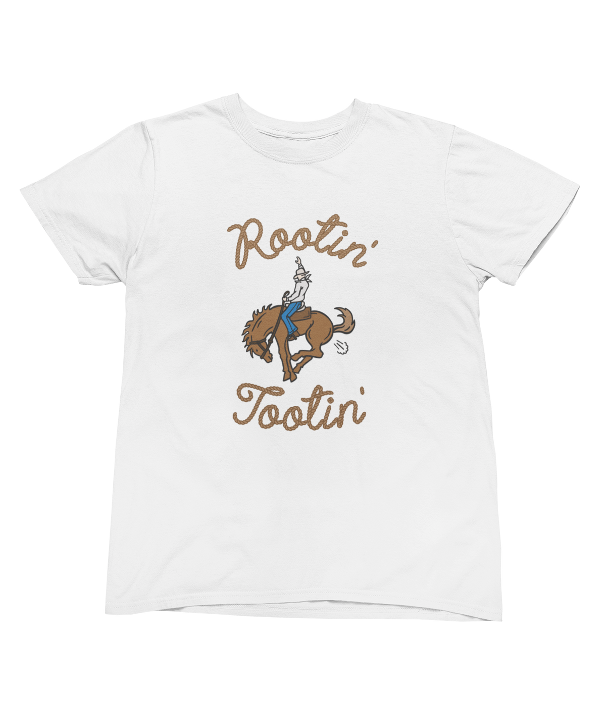 A white short-sleeve toddler crewneck t-shirt featuring a graphic of a cowboy riding a bucking horse, with the words Rootin&
