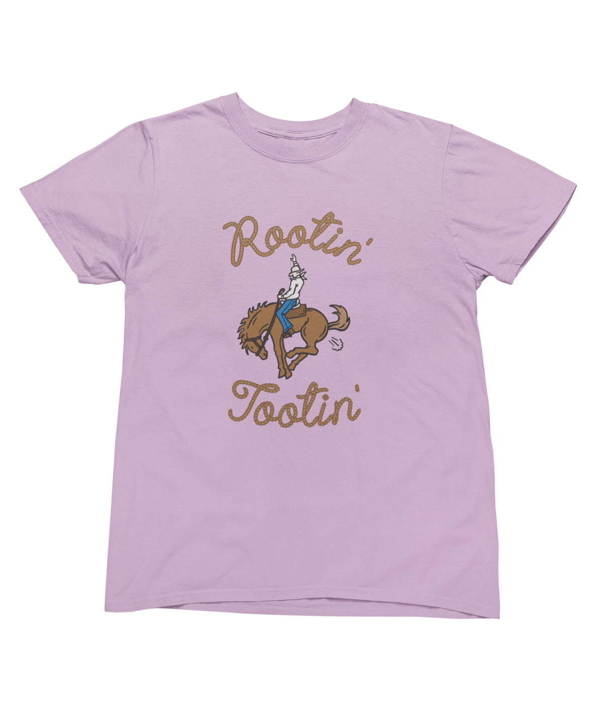 A pink short-sleeve toddler crewneck t-shirt featuring a graphic of a cowboy riding a bucking horse, with the words Rootin&
