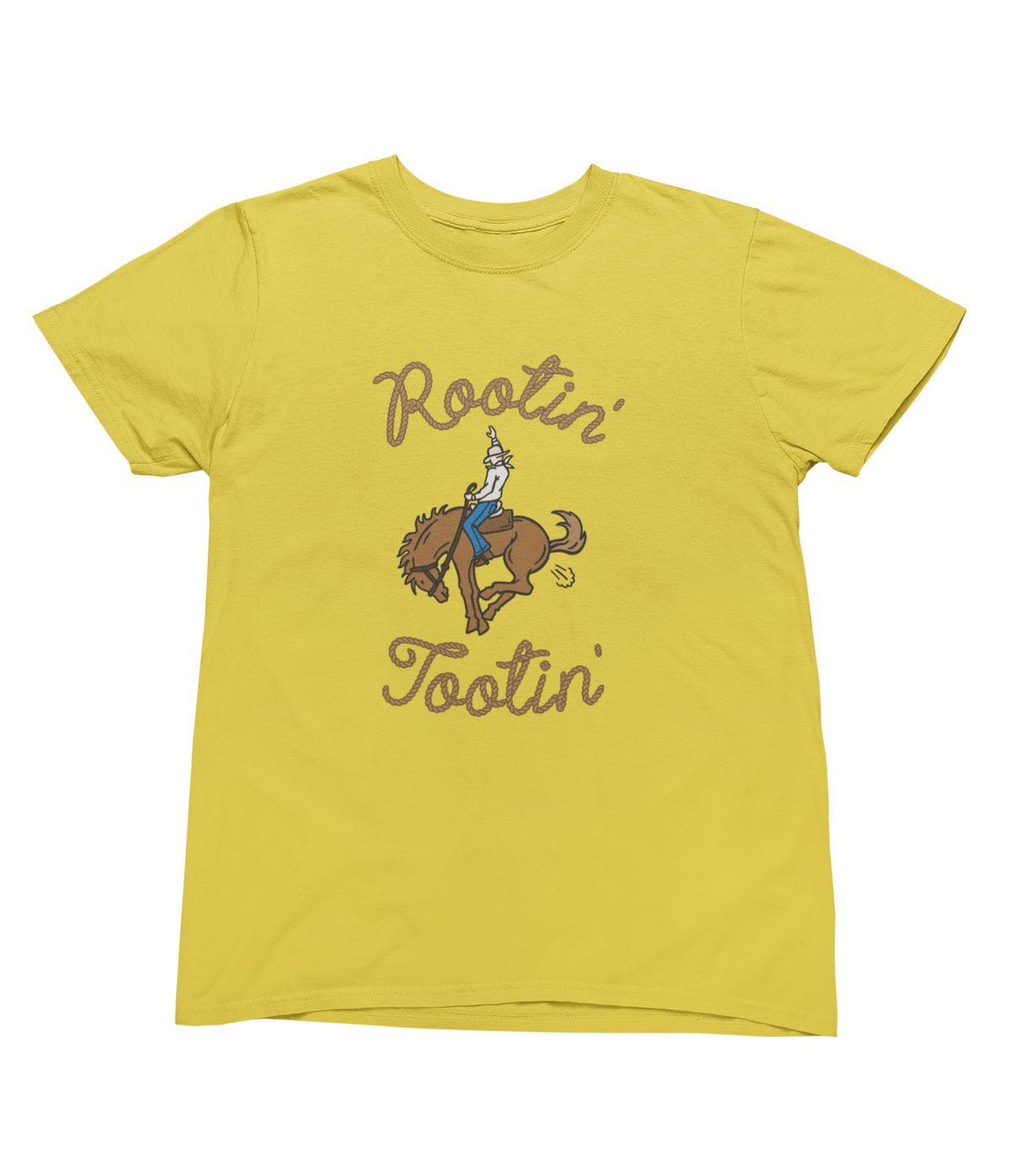 A yellow short-sleeve toddler crewneck t-shirt featuring a graphic of a cowboy riding a bucking horse, with the words Rootin&