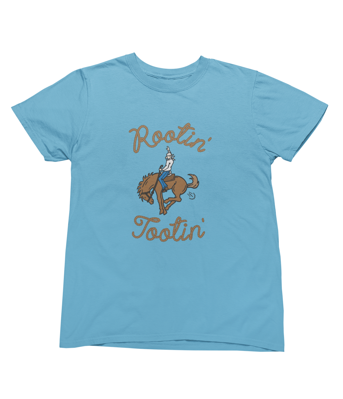 A light blue short-sleeve toddler crewneck t-shirt featuring a graphic of a cowboy riding a bucking horse, with the words Rootin&