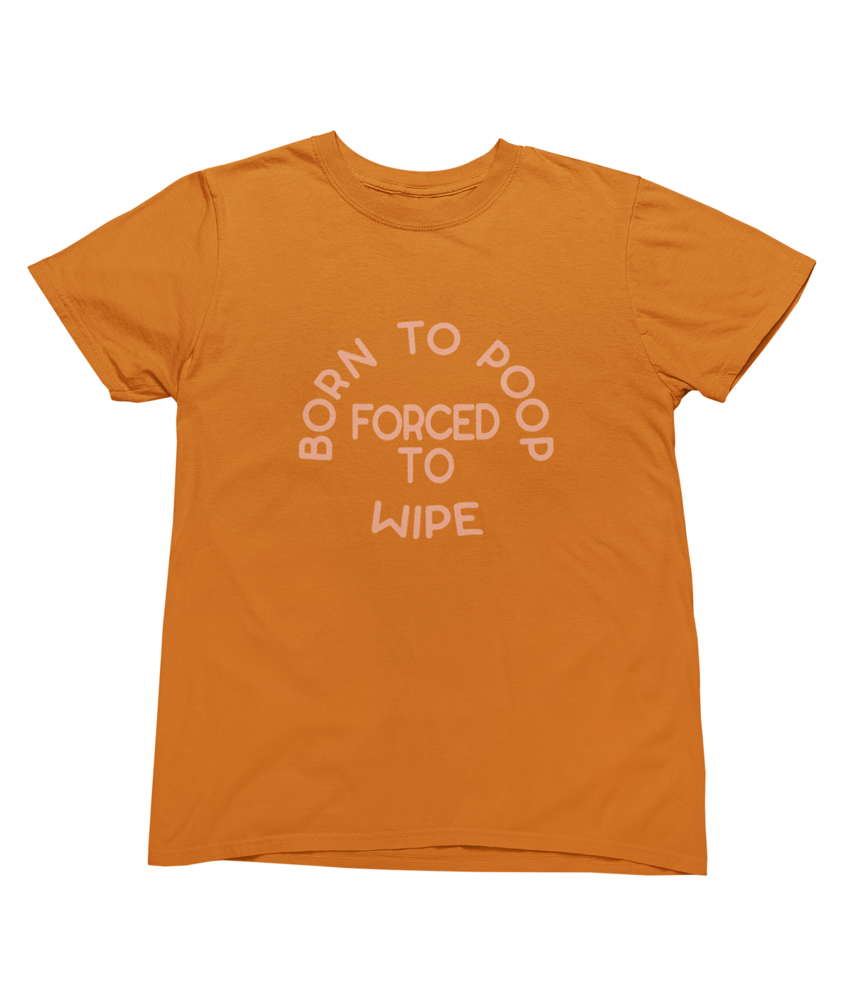 An orange short-sleeve toddler t-shirt with a peach-colored graphic text on the front that reads &