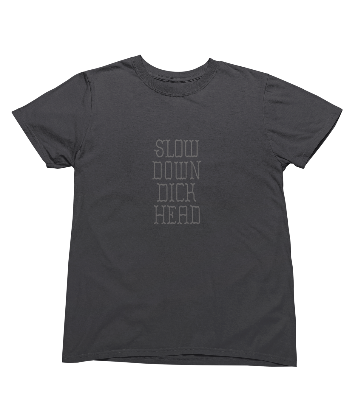 A dark gray short-sleeve crewneck toddler t-shirt with the text &