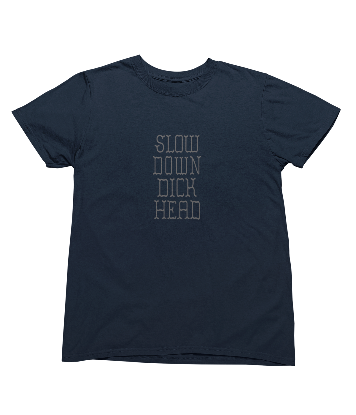 A navy blue short-sleeve crewneck toddler t-shirt with the text &
