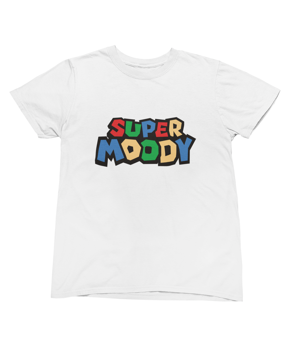 A white toddler short-sleeve t-shirt with a colorful retro graphic super mario style on the chest that reads &