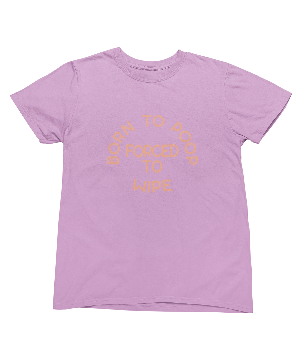A pink short-sleeve toddler t-shirt with a peach-colored graphic text on the front that reads &