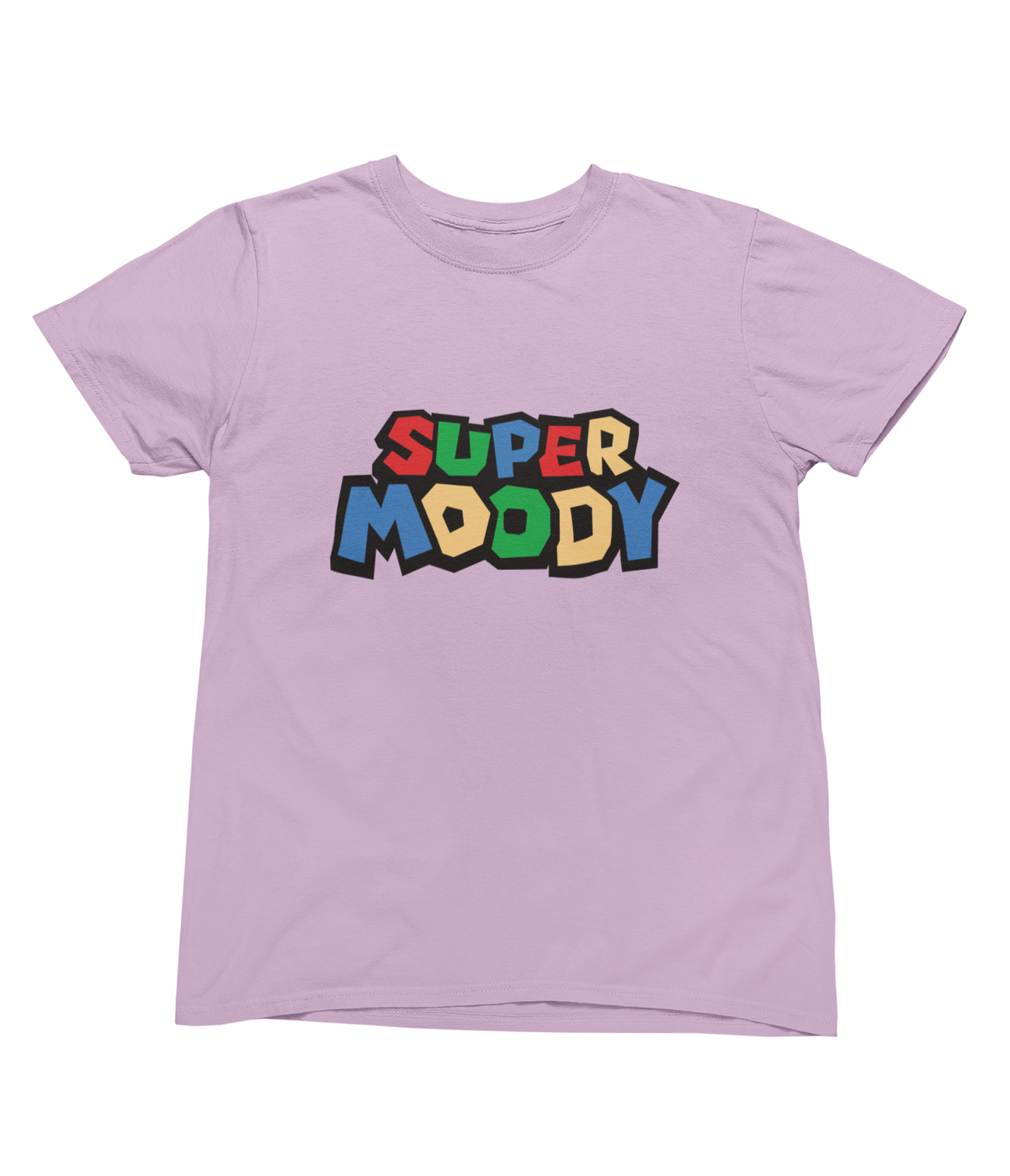 A pink nintendo toddler short-sleeve t-shirt with a colorful retro graphic super mario style on the chest that reads &
