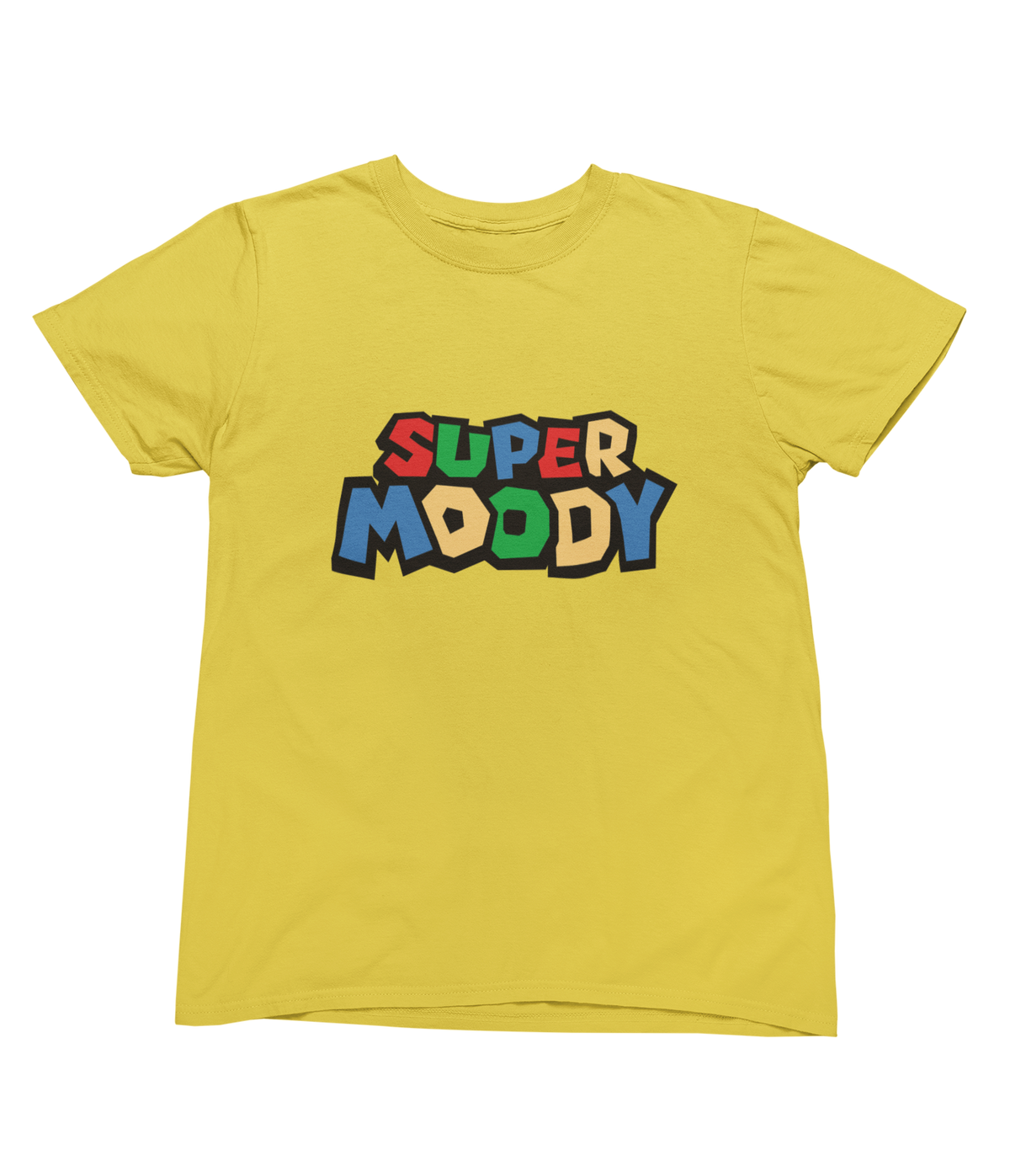 A yellow toddler short-sleeve t-shirt with a colorful retro graphic super mario style on the chest that reads &