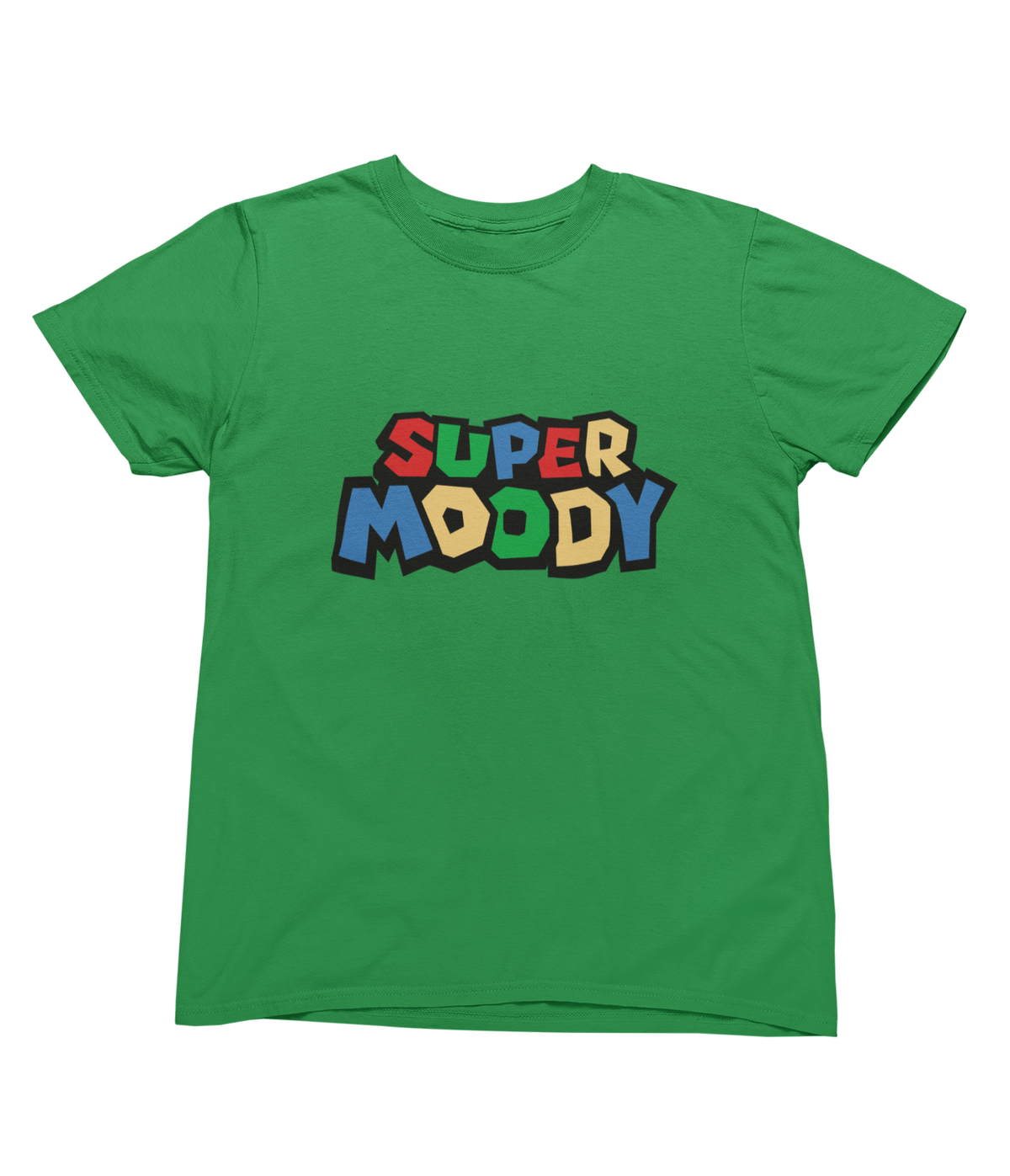 A light blue toddler short-sleeve nintendo t-shirt with a colorful retro graphic super mario style on the chest that reads &