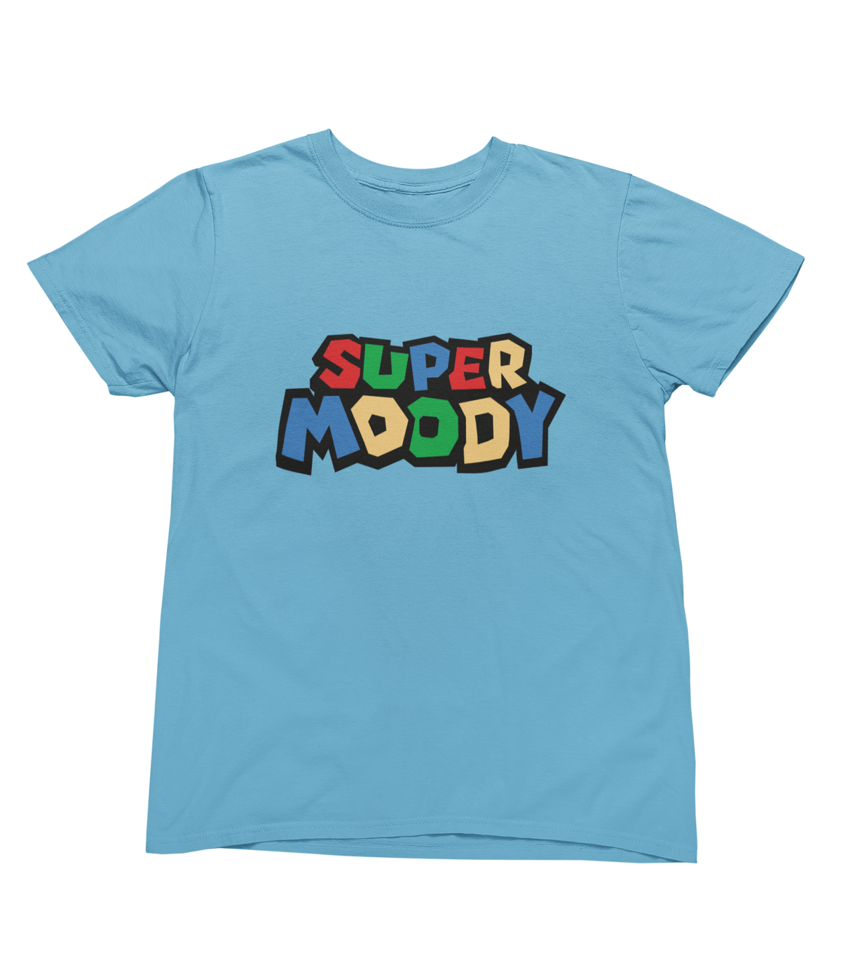 A light blue toddler short-sleeve t-shirt with a colorful retro graphic super mario style on the chest that reads &