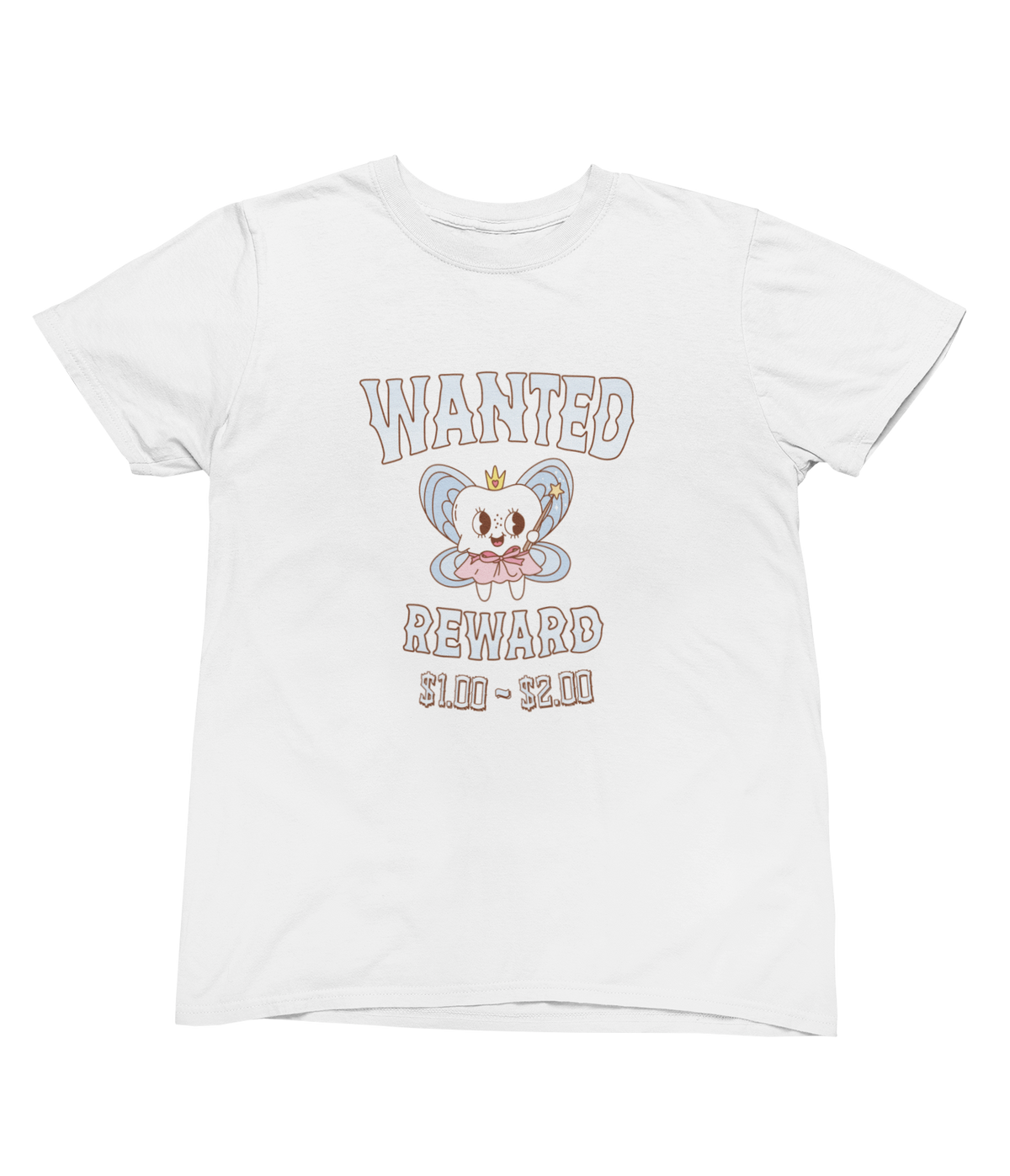 A white toddler tee with a tooth fairy cartoon graphic with a crown, surrounded by the words &