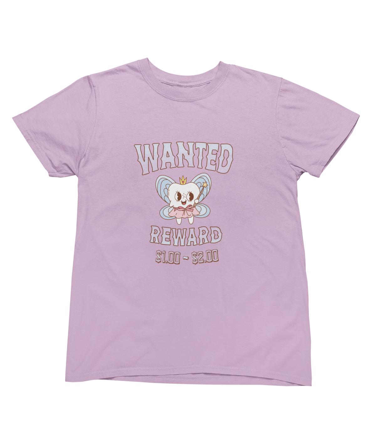A pink toddler tee with a tooth fairy cartoon graphic with a crown, surrounded by the words &