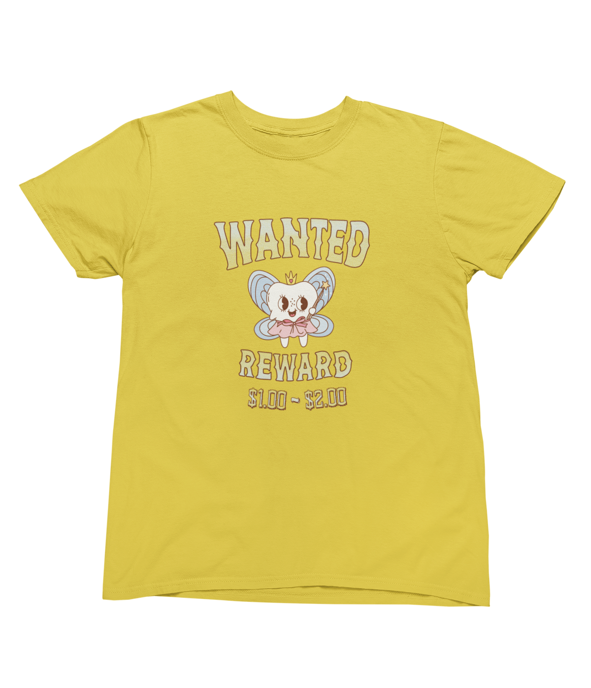 A yellow toddler tee with a tooth fairy cartoon graphic with a crown, surrounded by the words &