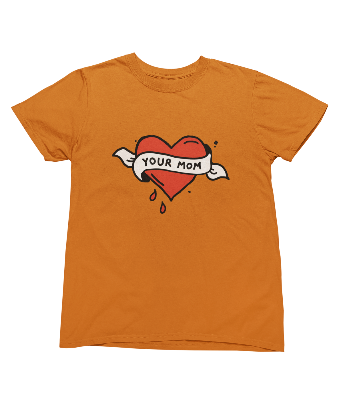 An orange toddler tee featuring a tattoo inspired graphic of a red heart with a white banner reading &
