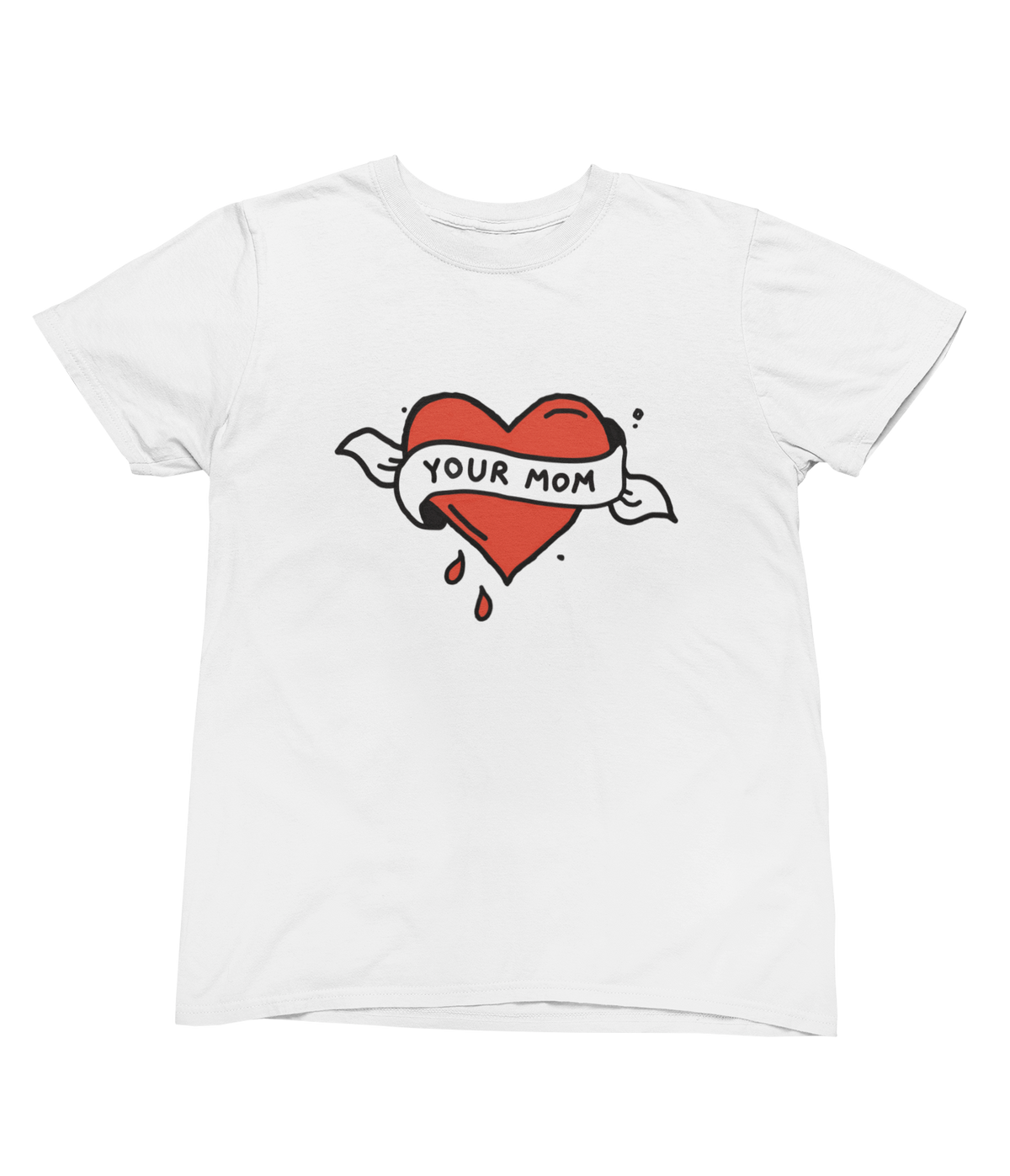 A white toddler t-shirt featuring a tattoo inspired graphic of a red heart with a white banner reading &
