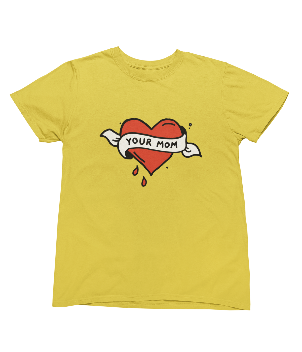A yellow toddler t-shirt featuring a tattoo inspired graphic of a red heart with a white banner reading &
