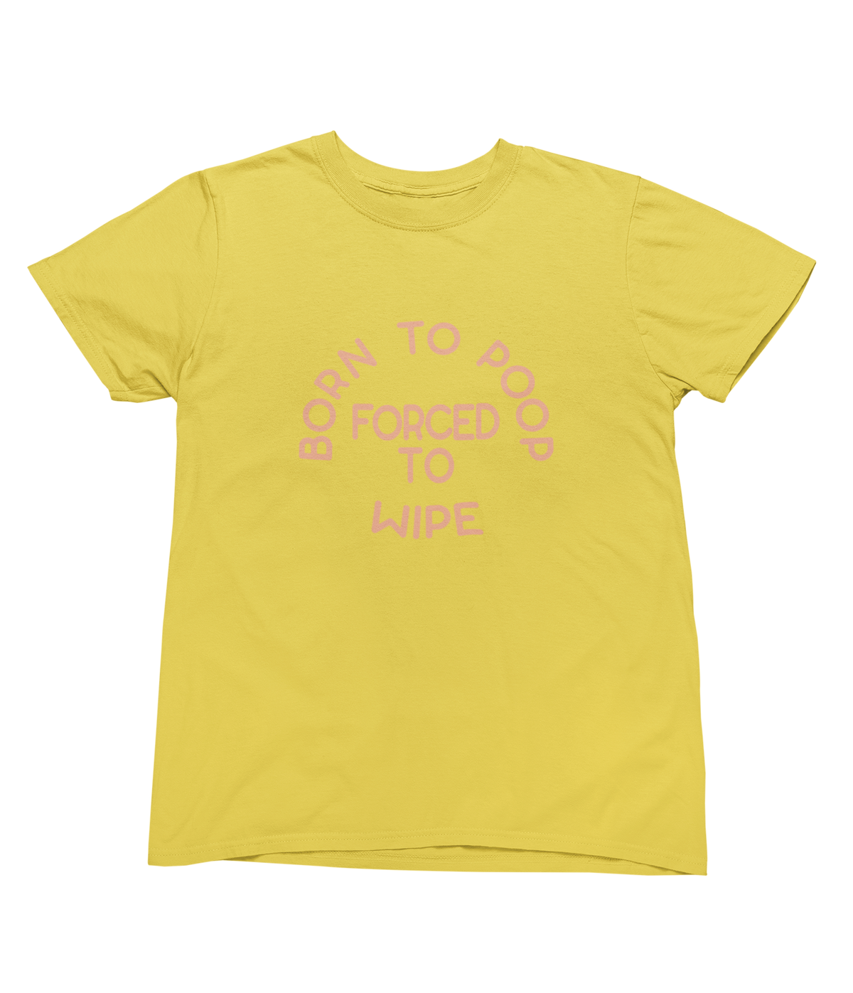 A yellow short-sleeve toddler t-shirt with a peach-colored graphic text on the front that reads &