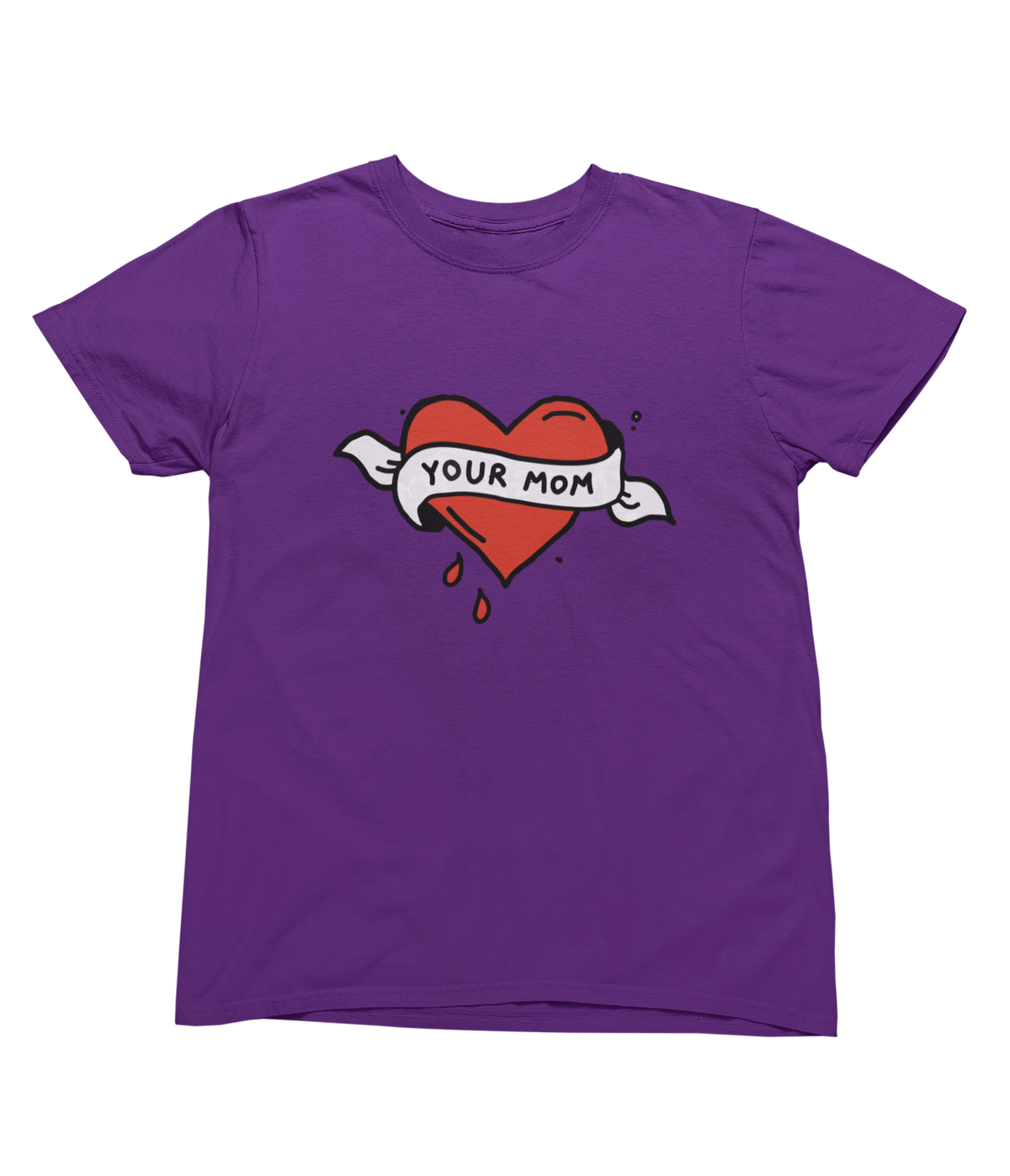 A purple toddler t-shirt featuring a tattoo inspired graphic of a red heart with a white banner reading &