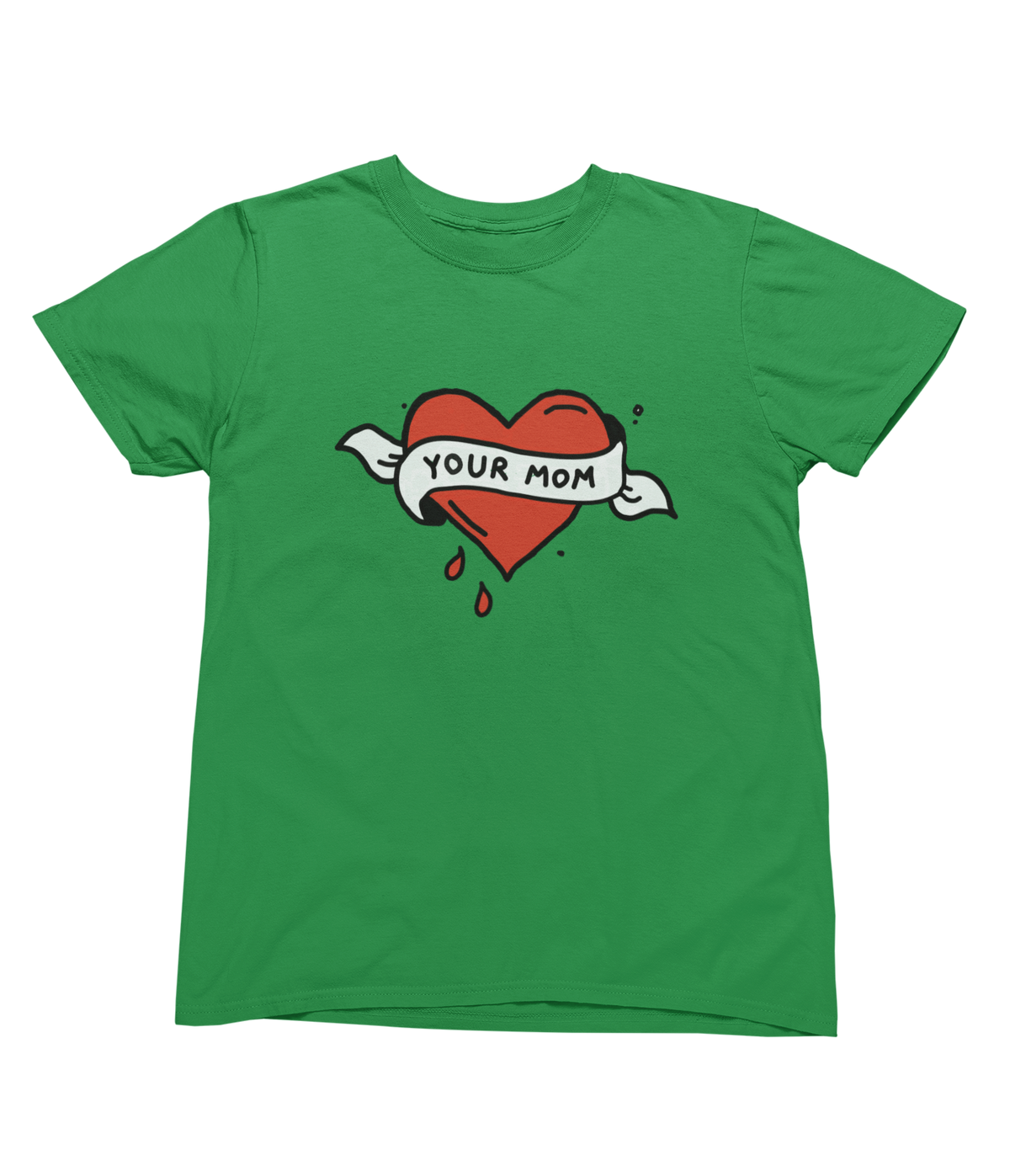 A green toddler t-shirt featuring a tattoo inspired graphic of a red heart with a white banner reading &