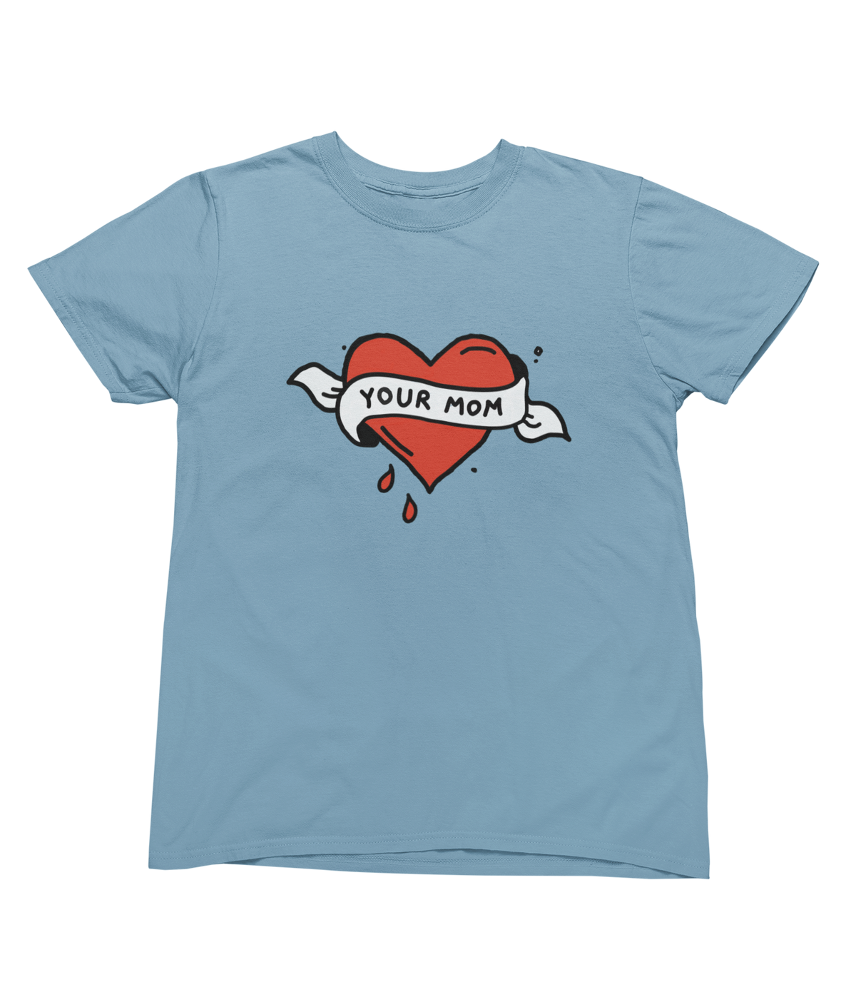 A light blue tattoo crewneck toddler t-shirt featuring a graphic of a red heart with a white banner reading &