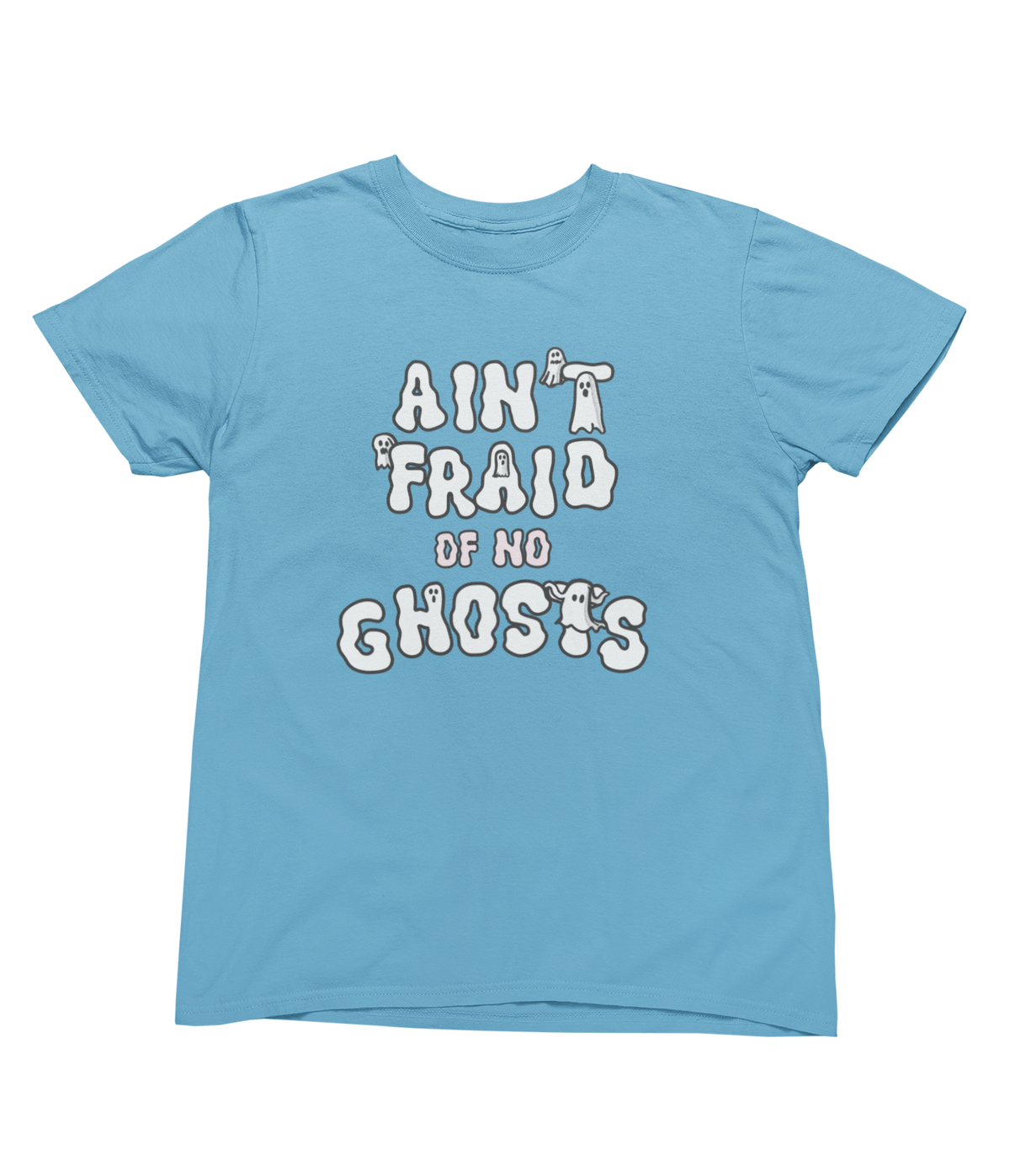 A light blue short-sleeve toddler crewneck t-shirt featuring a graphic that reads &