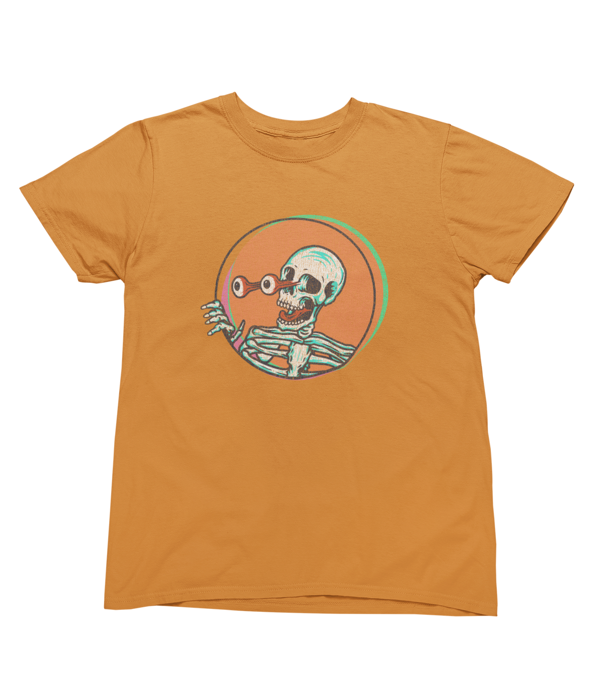 An orange toddler short-sleeve crewneck Halloween tee featuring a graphic of a skeleton peeking out from an orange circle with a green border.