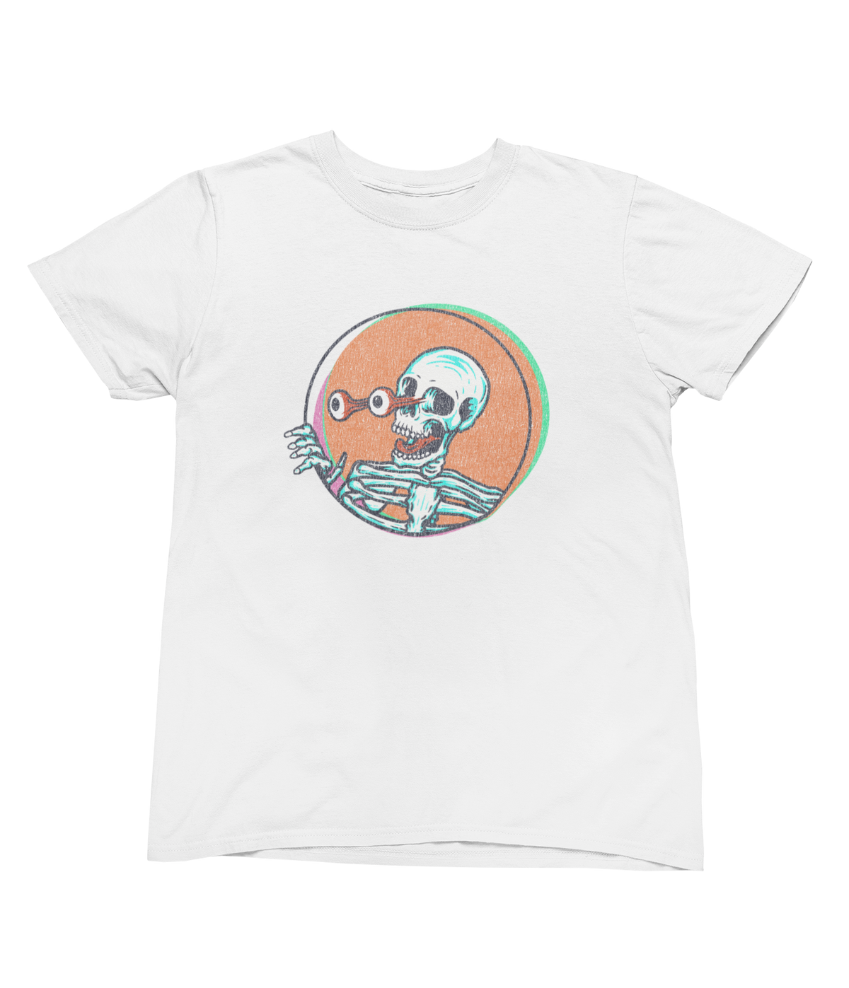 A white toddler Halloween short-sleeve crewneck t-shirt featuring a graphic of a skeleton peeking out from an orange circle with a green border.