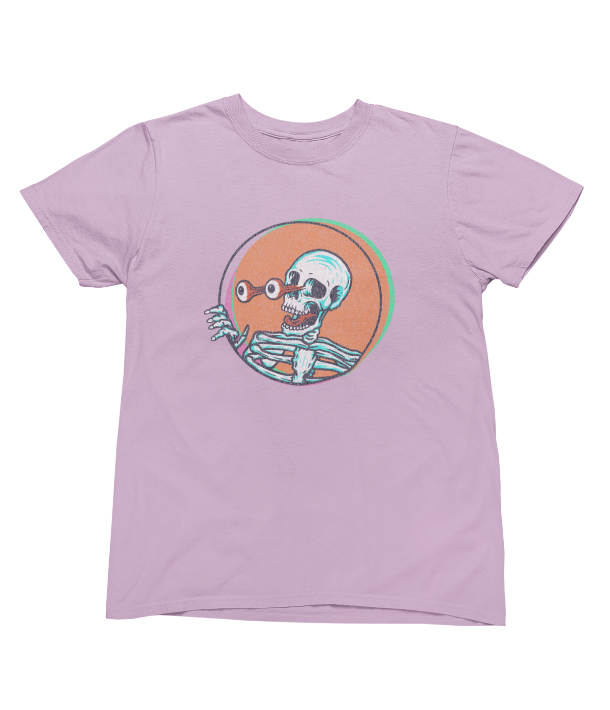 A pink toddler Halloween short-sleeve crewneck t-shirt featuring a graphic of a skeleton peeking out from an orange circle with a green border.