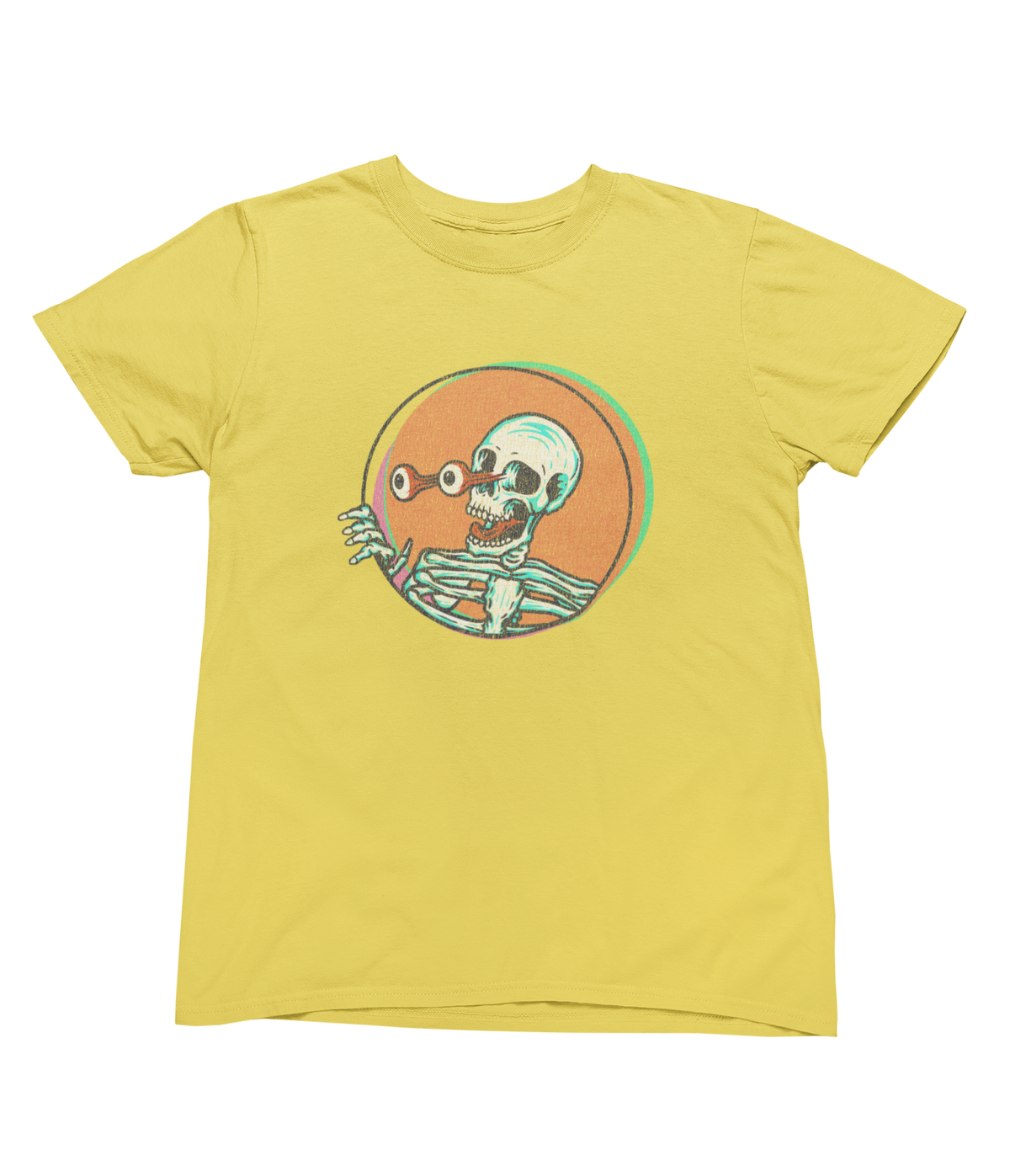 A yellow toddler short-sleeve crewneck Halloween t-shirt featuring a graphic of a skeleton peeking out from an orange circle with a green border.