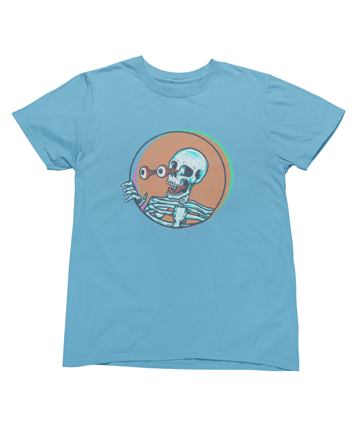 A light blue toddler Halloween short-sleeve crewneck t-shirt featuring a graphic of a skeleton peeking out from an orange circle with a green border.