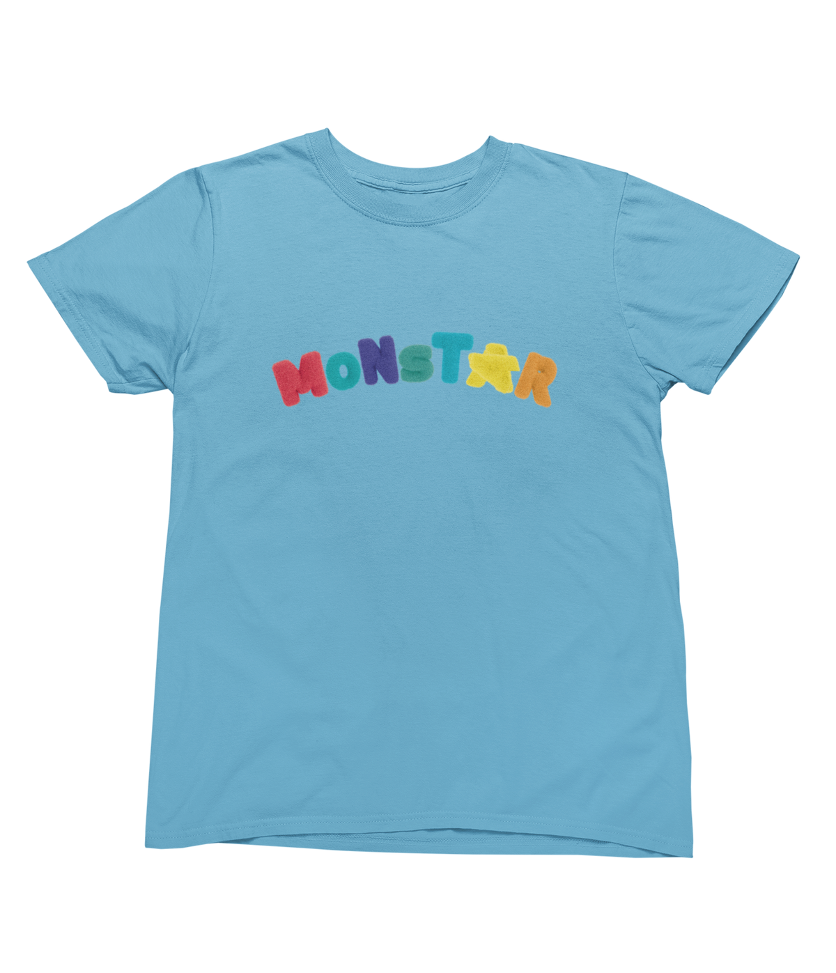 A light blue short-sleeve t-shirt with the word &