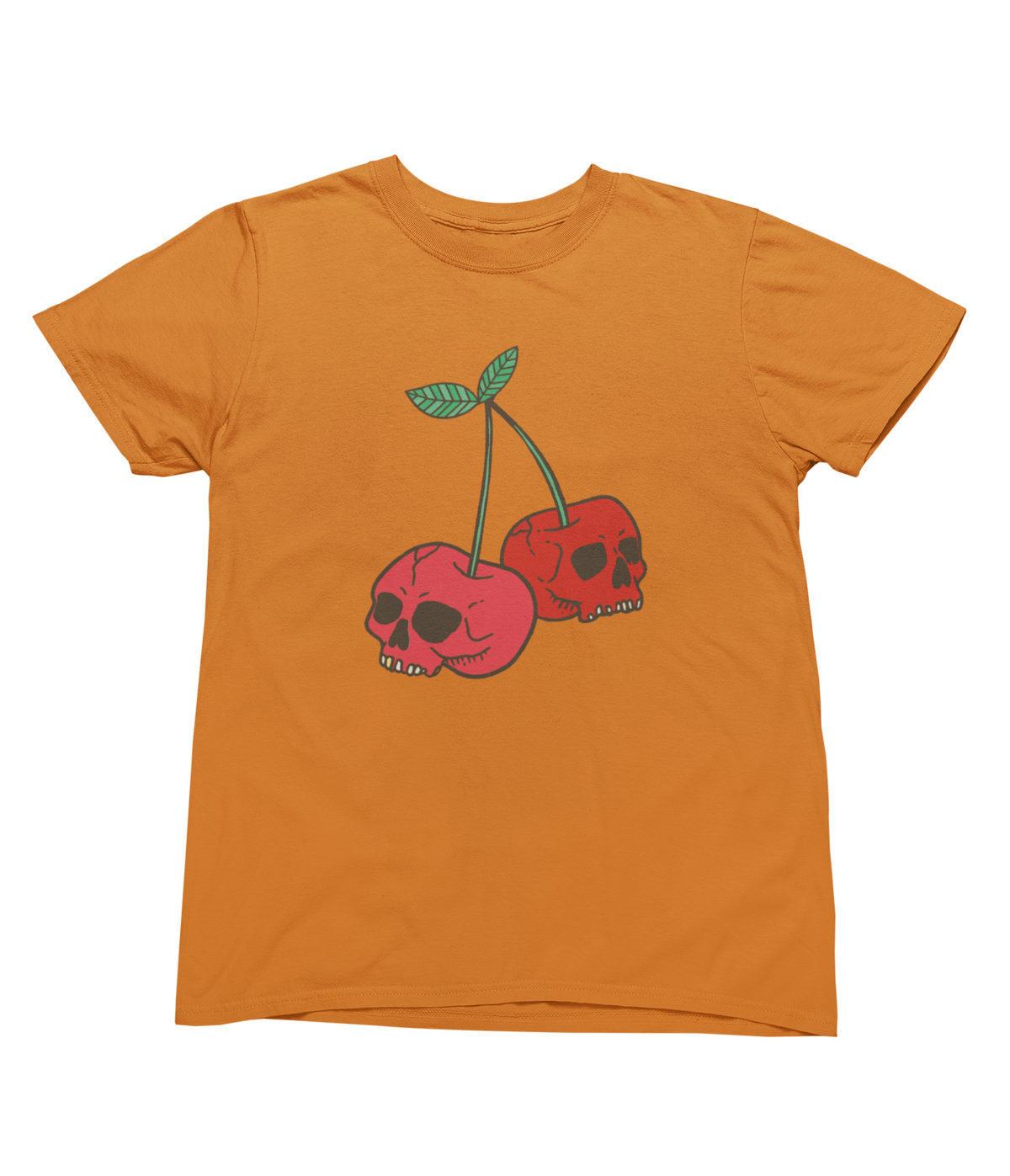 An orange short-sleeve toddler Halloween t-shirt with a graphic of two red cherries with skull faces.