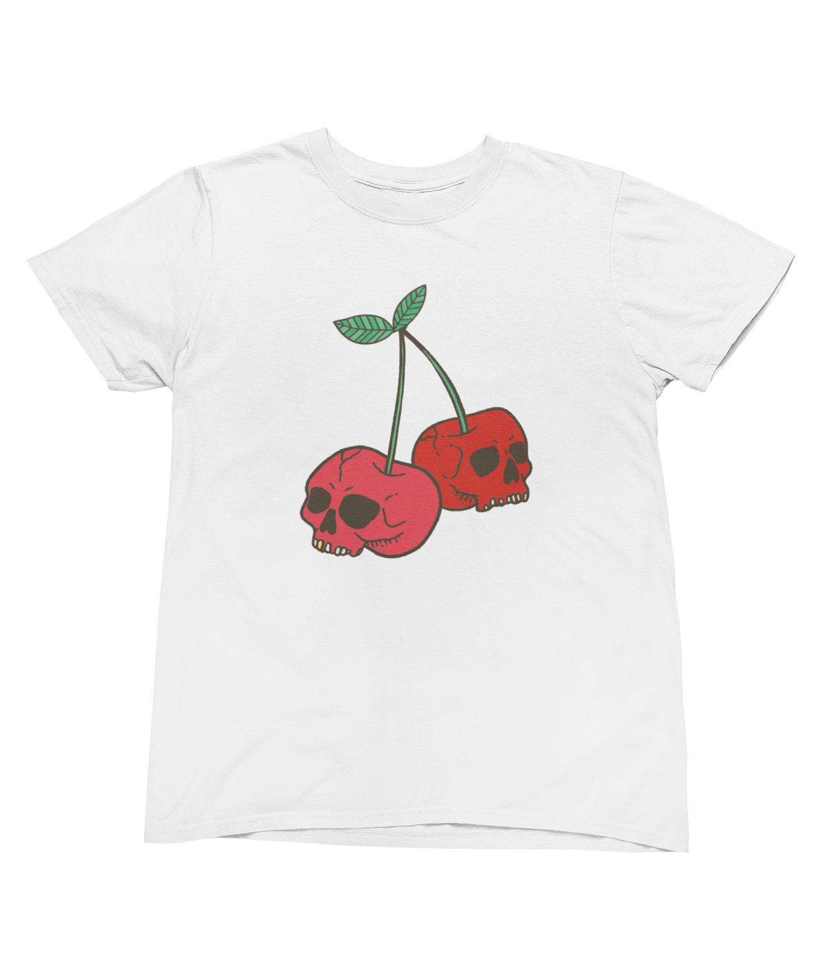 A white short-sleeve toddler Halloween t-shirt with a graphic of two red cherries with skull faces.