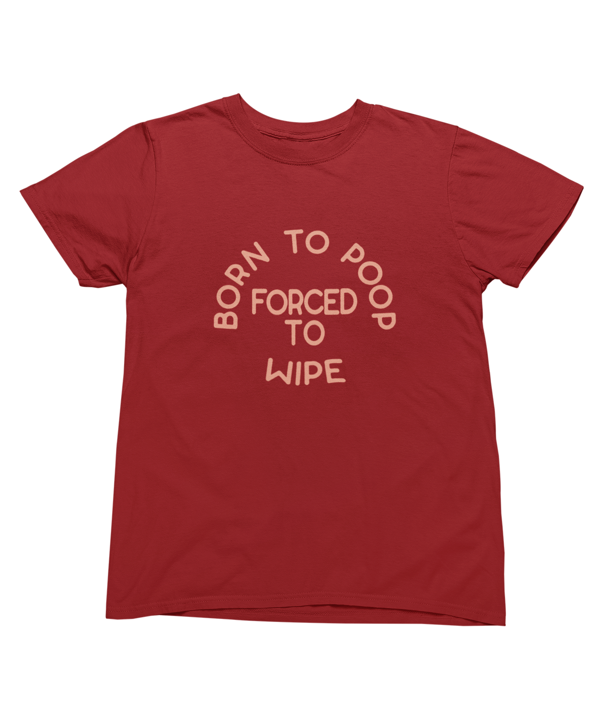 A red short-sleeve toddler t-shirt with a peach-colored graphic text on the front that reads &