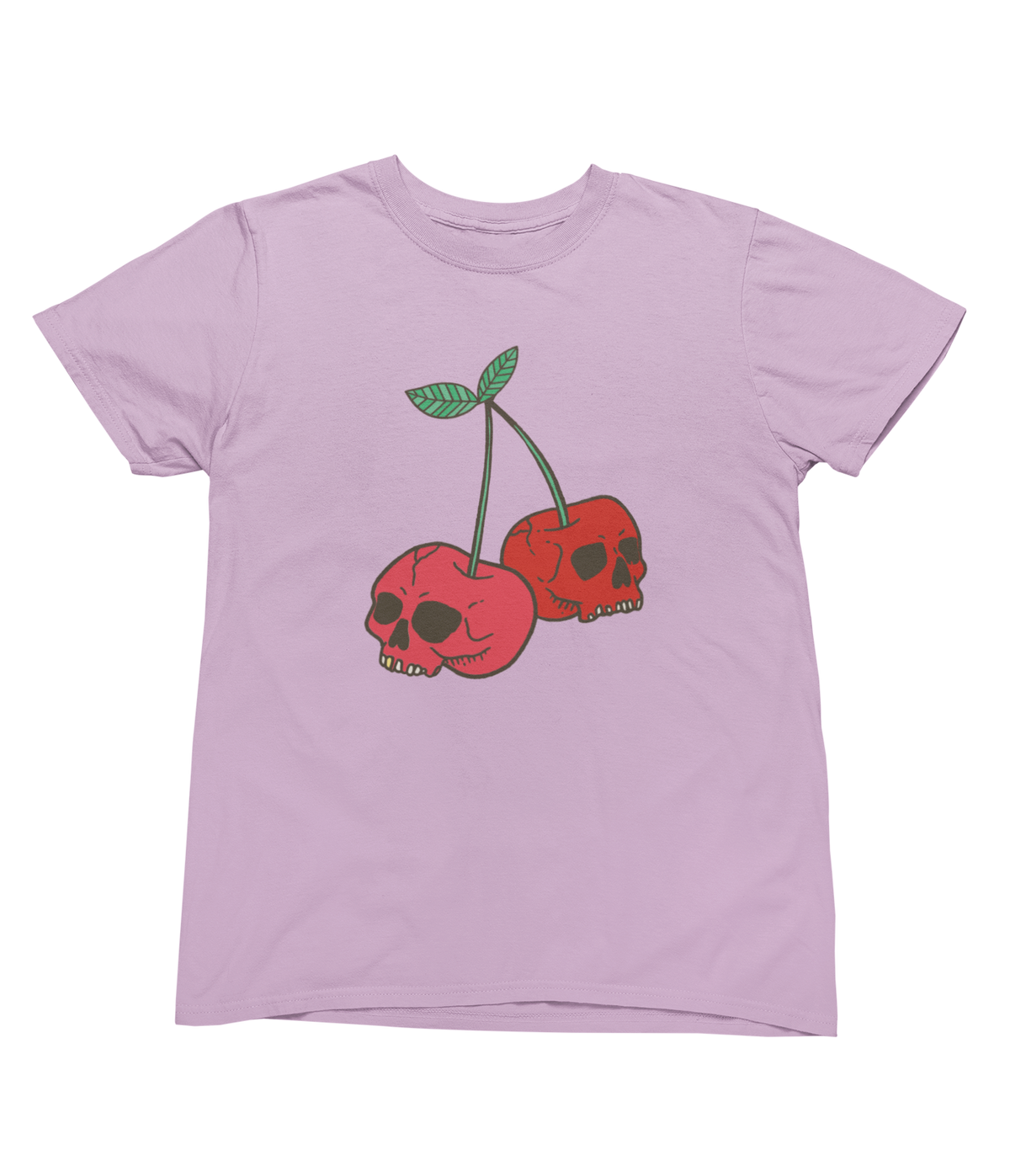 A pink short-sleeve toddler Halloween t-shirt with a graphic of two red cherries with skull faces.