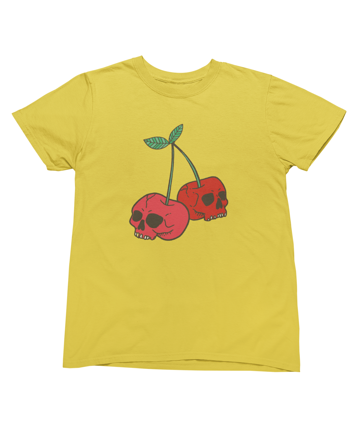 A yellow short-sleeve crewneck t-shirt featuring a graphic of two red cherries with skull faces and green stems on the front, displayed against a solid white background.
