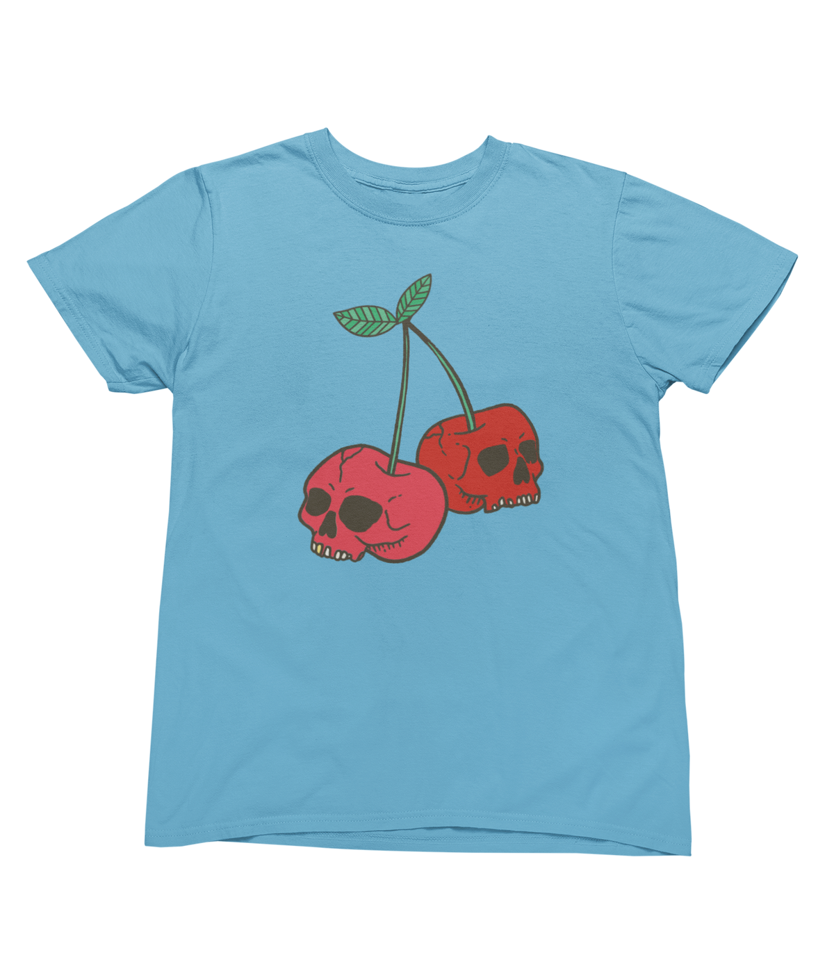 A light blue short-sleeve toddler Halloween t-shirt with a graphic of two red cherries with skull faces.